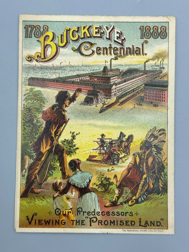 1888 BUCKEYE MOWER Farm Advertising Fold Trade Card PRESIDENT HARRISON CLEVELAND