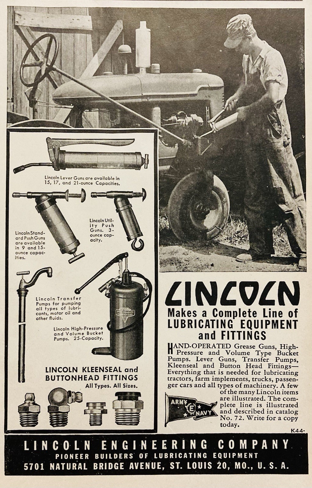 1944 AD.(PC5)~LINCOLN ENGINEERING CO. ST. LOUIS, MO. LINCOLN GREASE GUNS