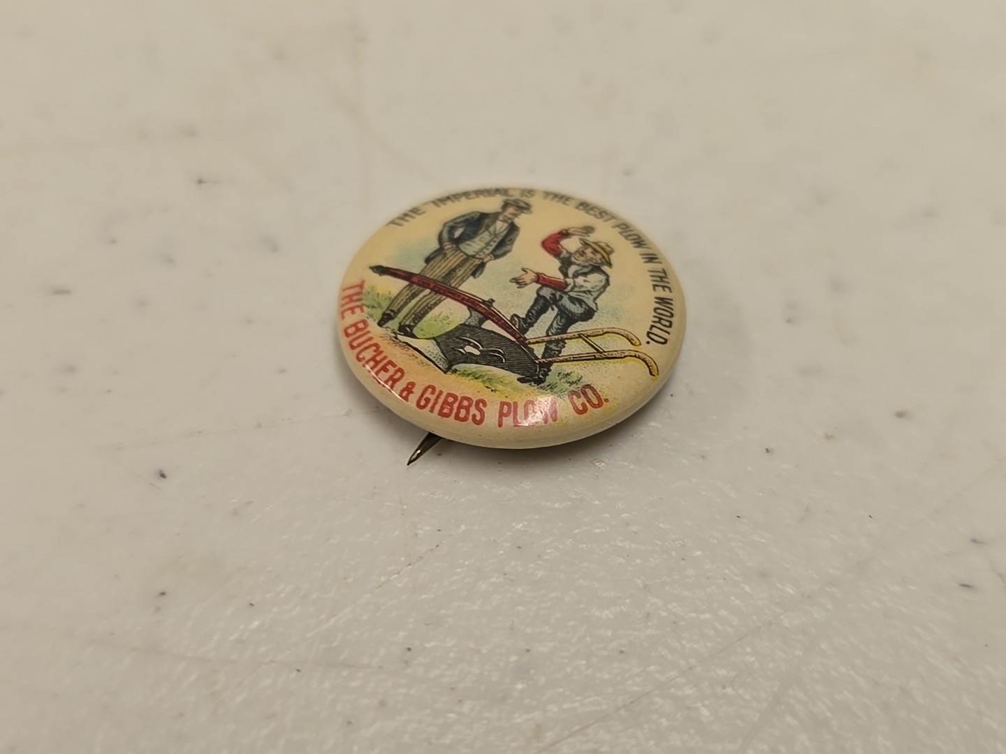 Antique 7/8&Prime; Bucher & Gibbs Imperial Plow Advertising Celluloid Pinback