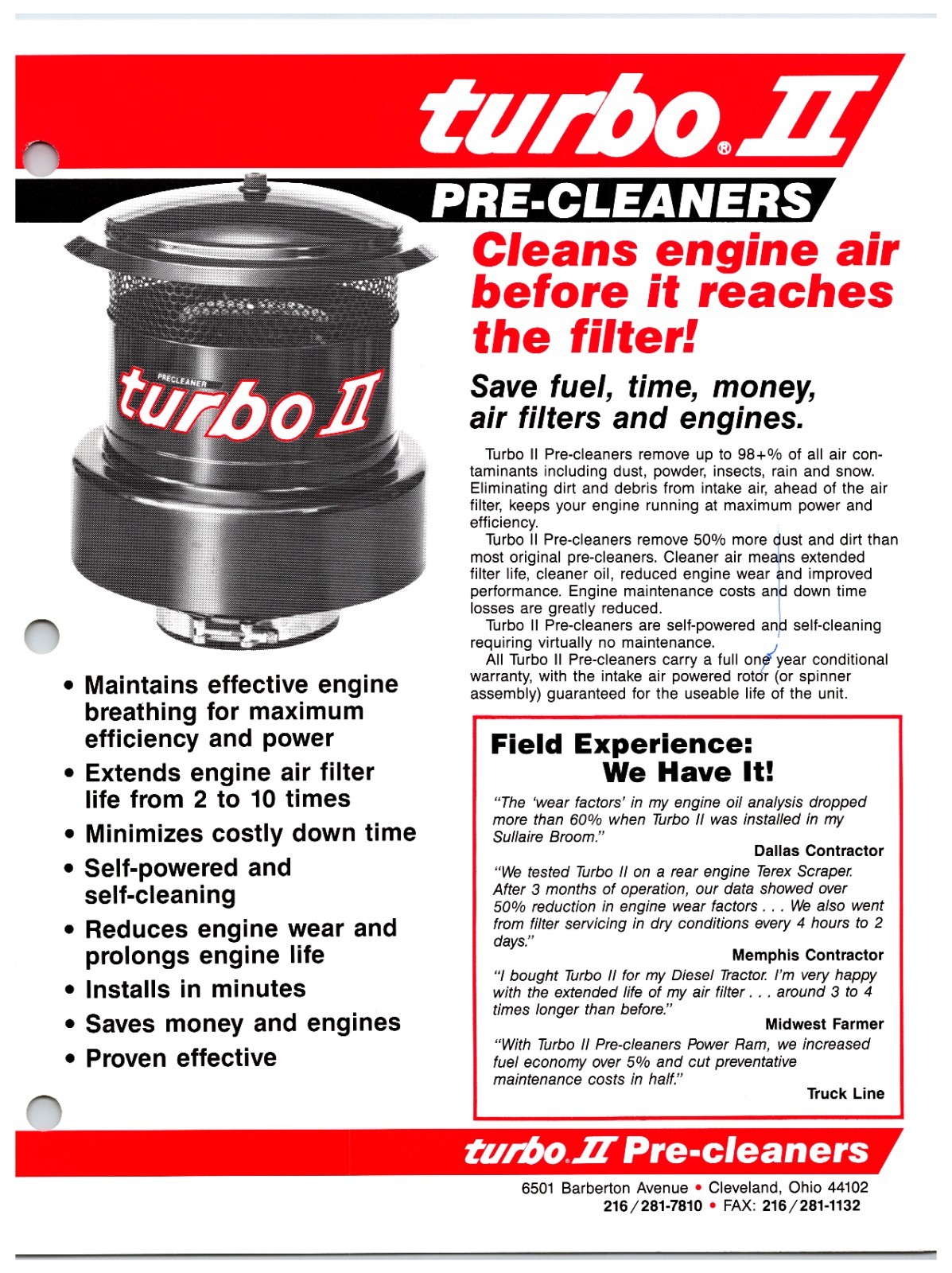 Original – Turbo II Pre-Cleaner Sales Brochure *Showroom Sales Page* (1989)