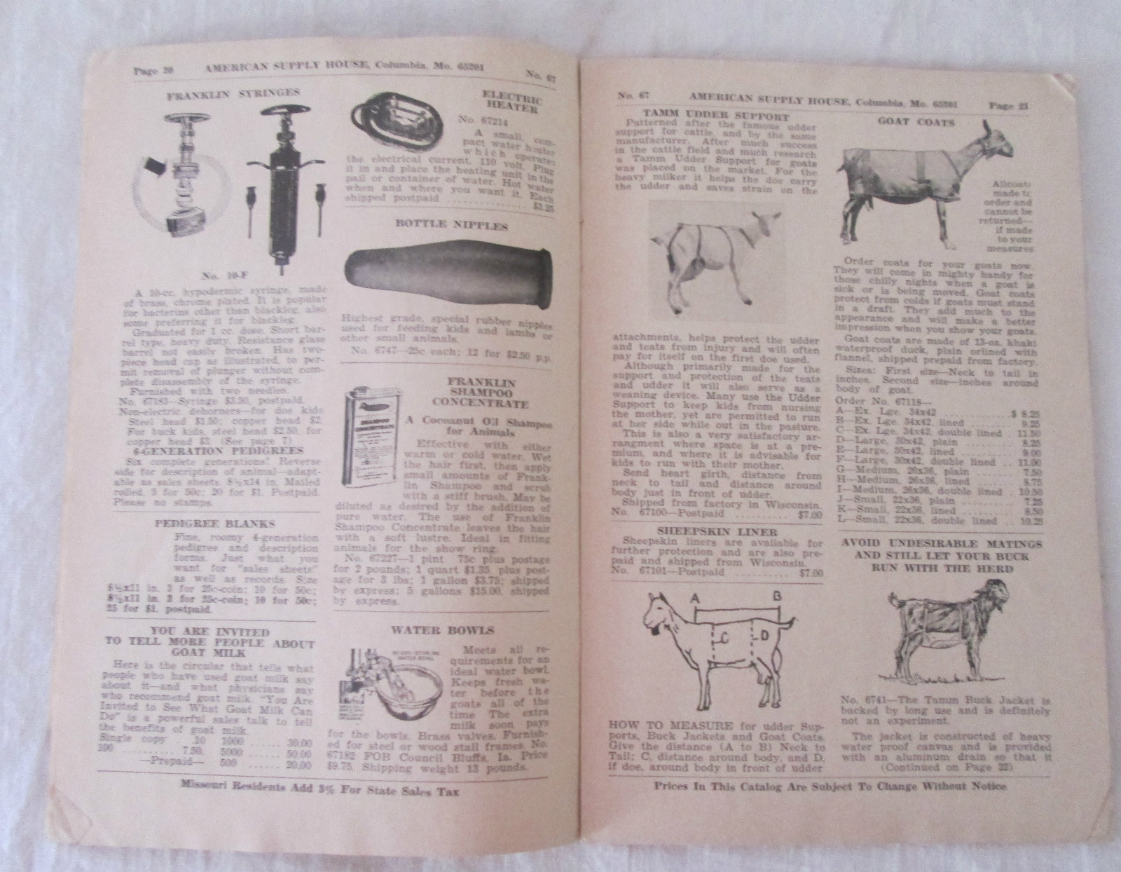 Vintage 1967 American Supply House No 67 Supplies for the Goat Owner & Dairyman