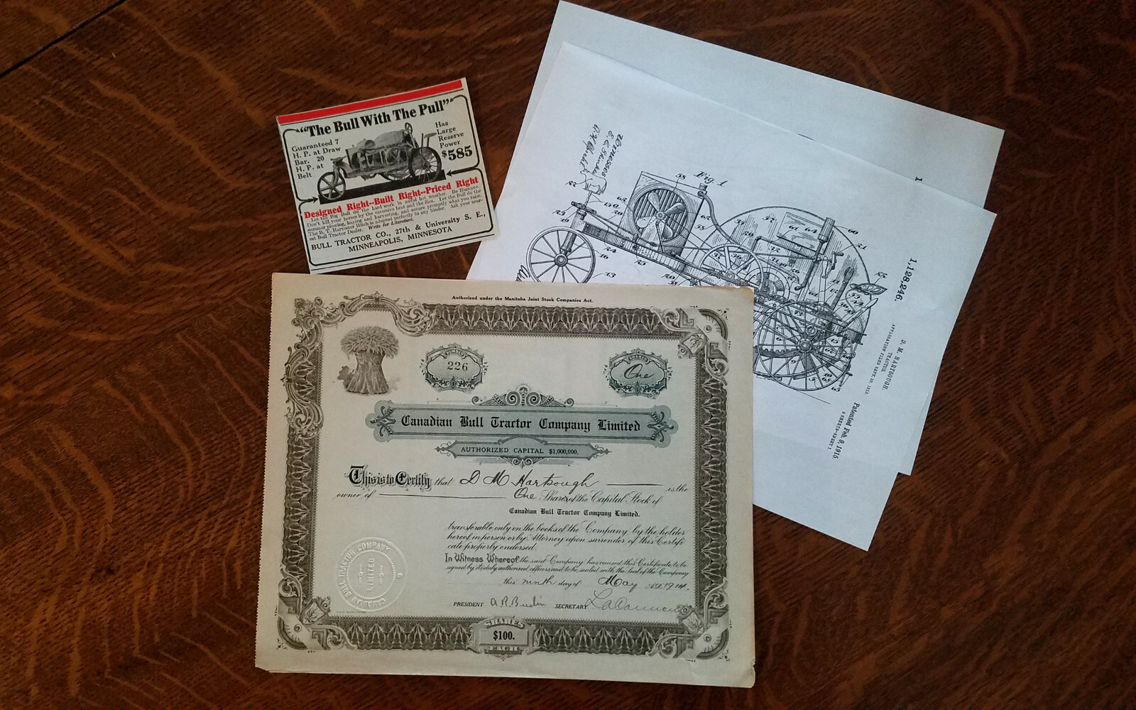 Rare Signed Hartsough Inventor 1914 Bull Tractor Stock Certificate Big Bull Farm