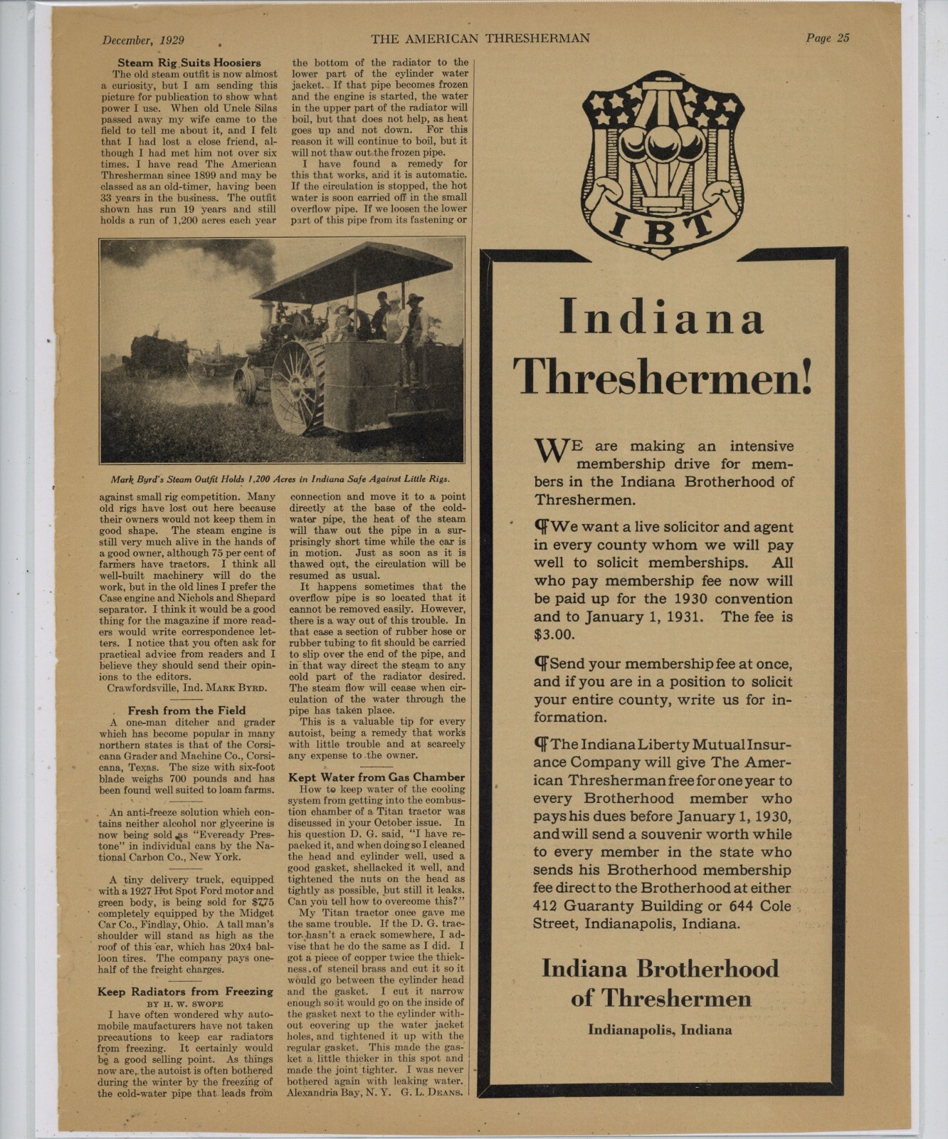 1929 Indiana Brotherhood of Threshermen Ad: Membership Drive – Indianapolis