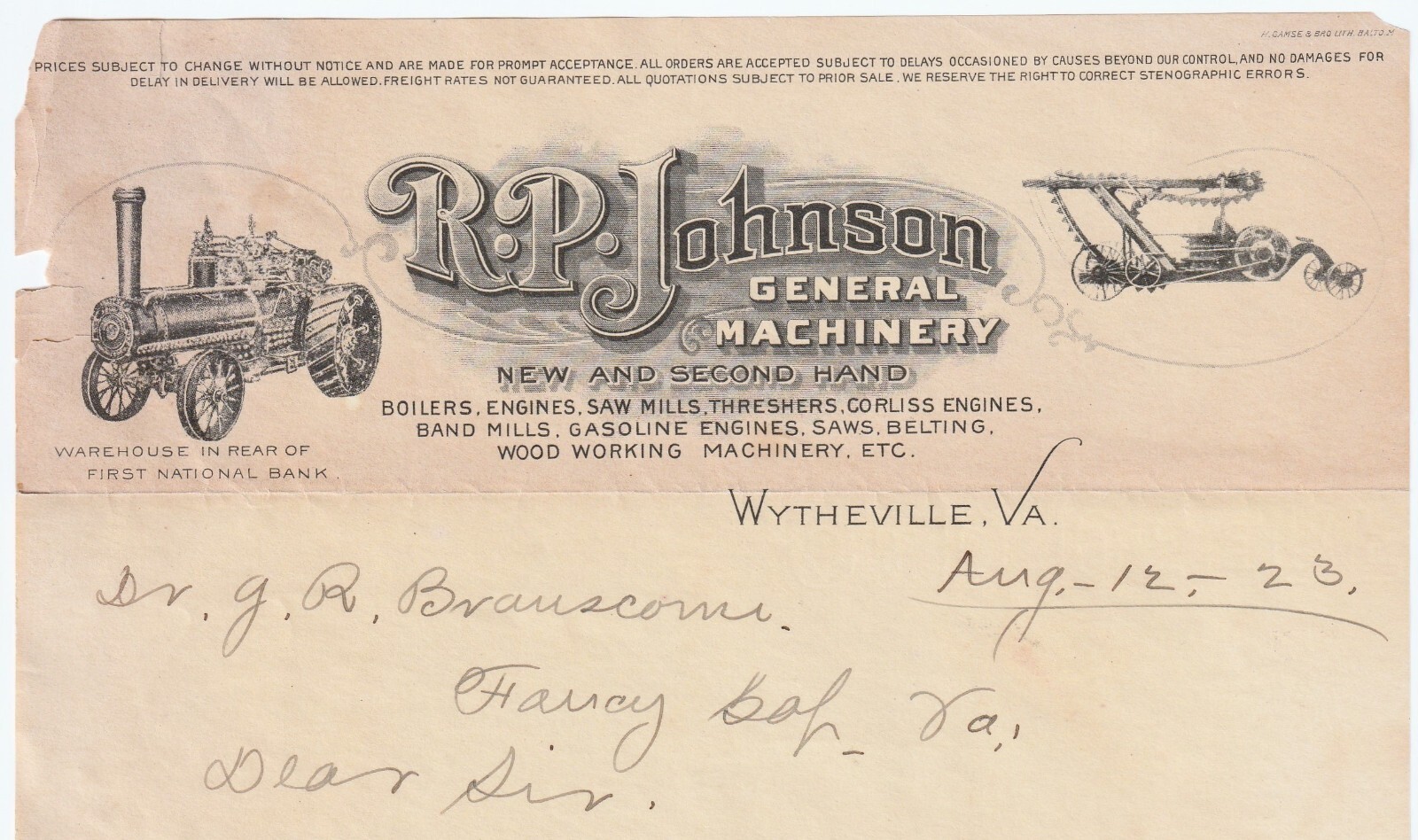 RARE Letterhead Letter – RP Johnson Engines Machines Tractor Wytheville VA 1923