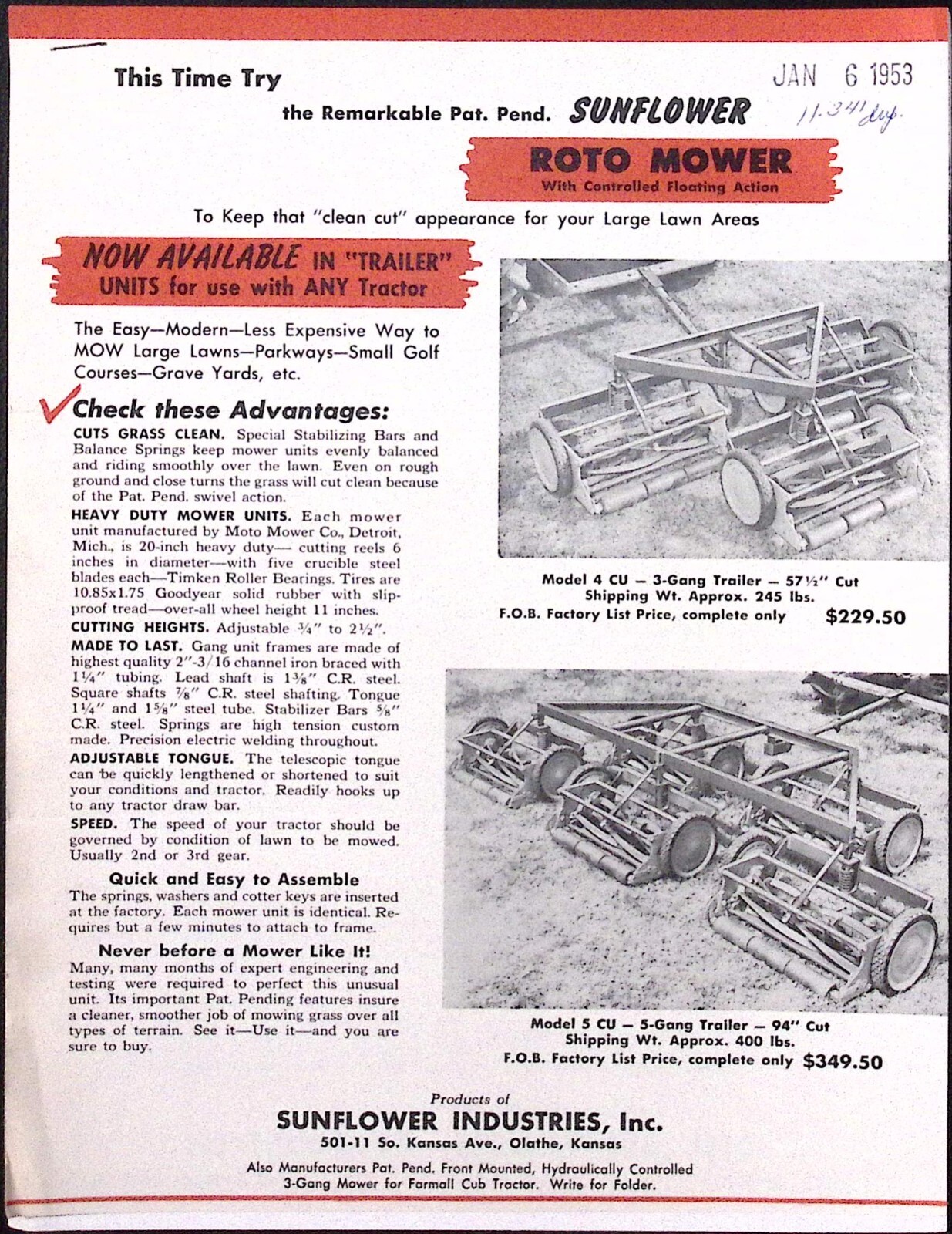 1953 Sunflower Roto Mower Model 4 Model 5 Brochure Sunflower Industries Olathe
