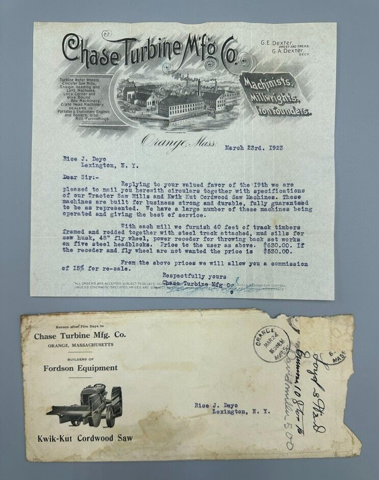 1923 CHASE Turbine FORDSON Tractor FARM Postal Cover ORANGE Massachusetts Adv