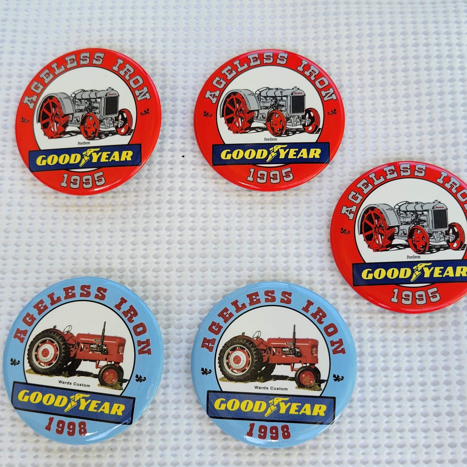 Ageless Iron Good Year Tractor 1995 Round Metal Advertising Buttons lot of 5