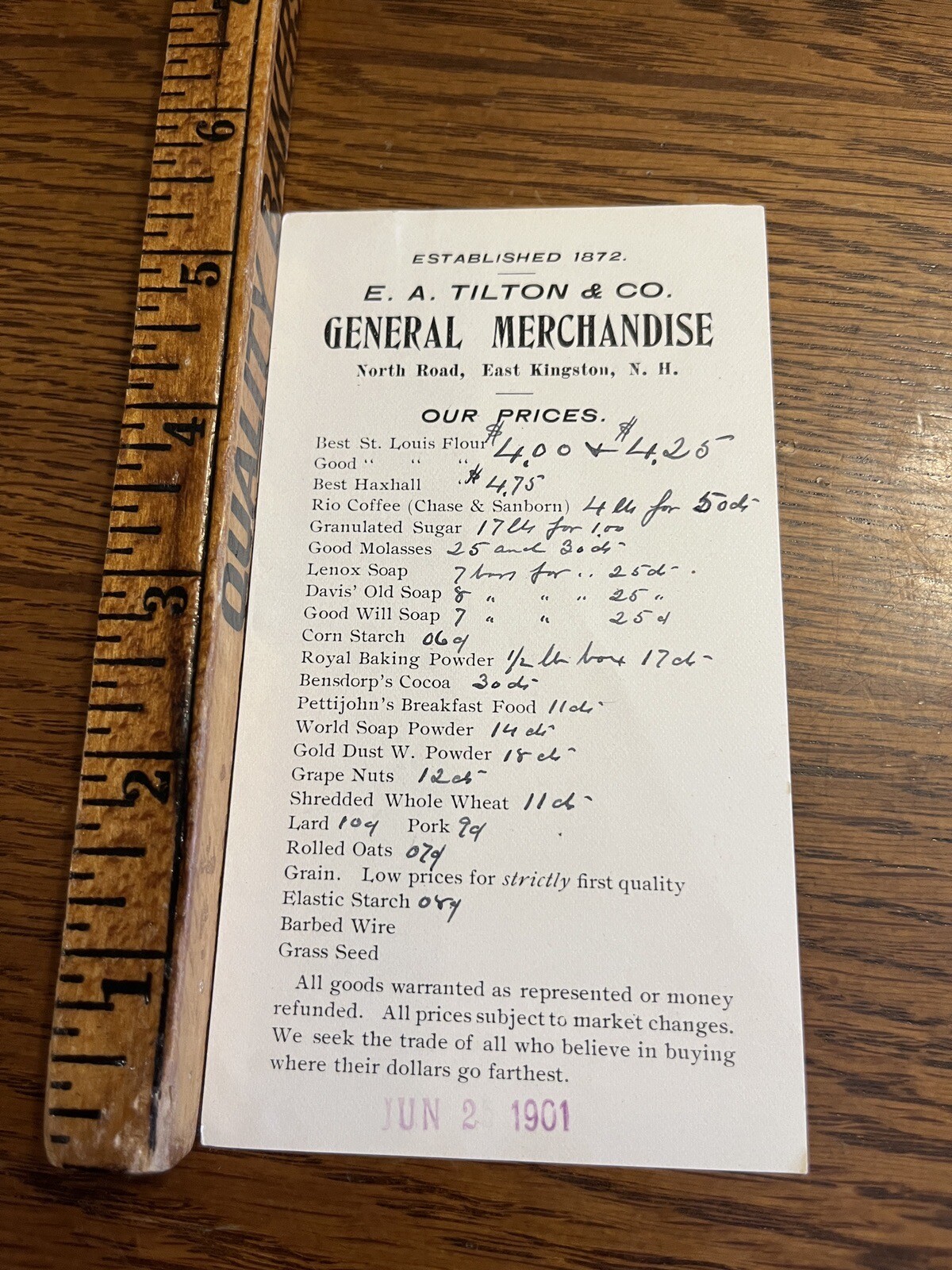 Vintage 1901 EA Tilton & Co Merchandise Price List East Kingston New Hampshire