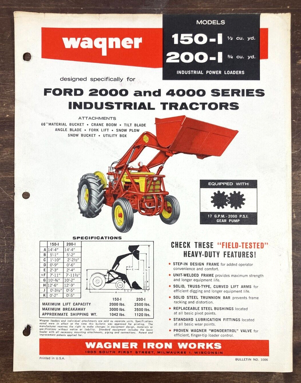 Wagner 150 200-I Loader For Ford Industrial Tractor 2000-4000 50&rsquo;s Sales Sheet
