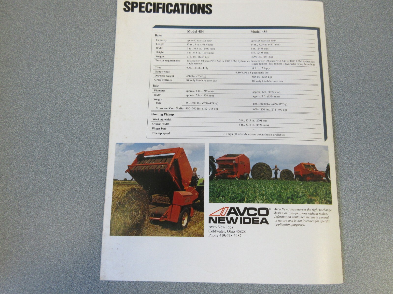 Avco New Idea 484 & 486 Round Balers Sales Brochure