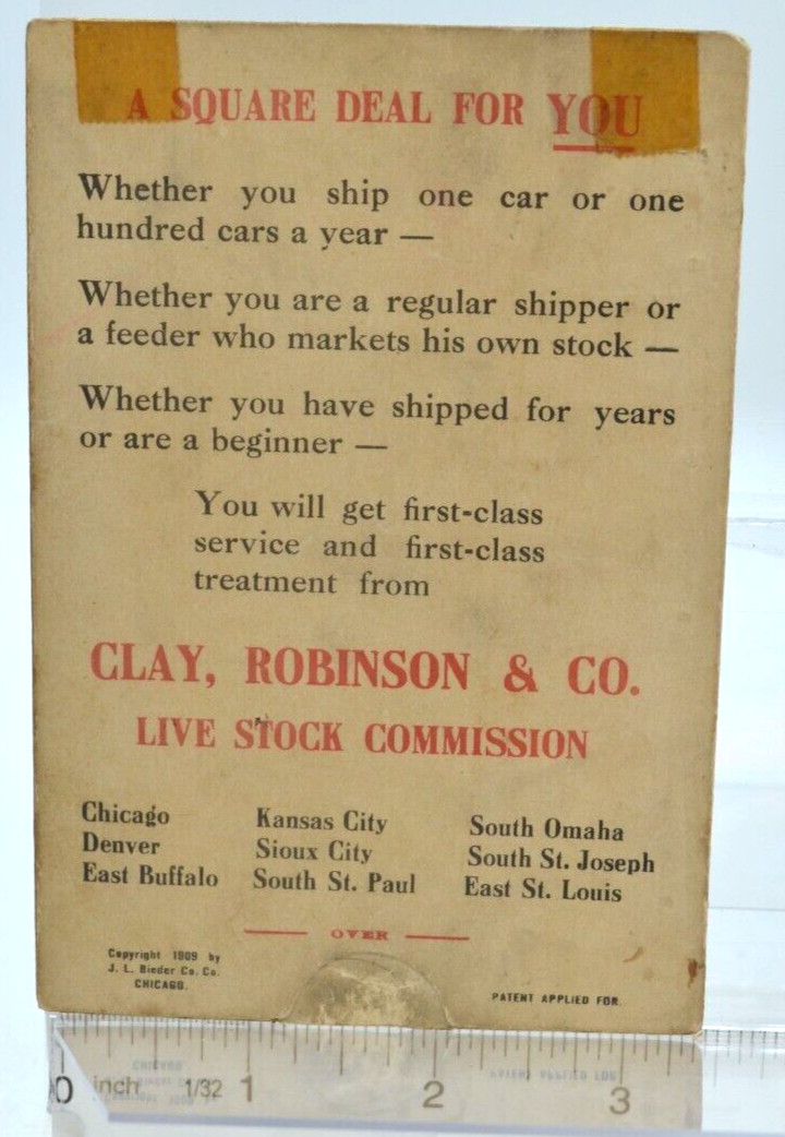 Rare 1909 Pull Tab Advertising Card – Clay, Robinson & Co. Livestock Industry Co