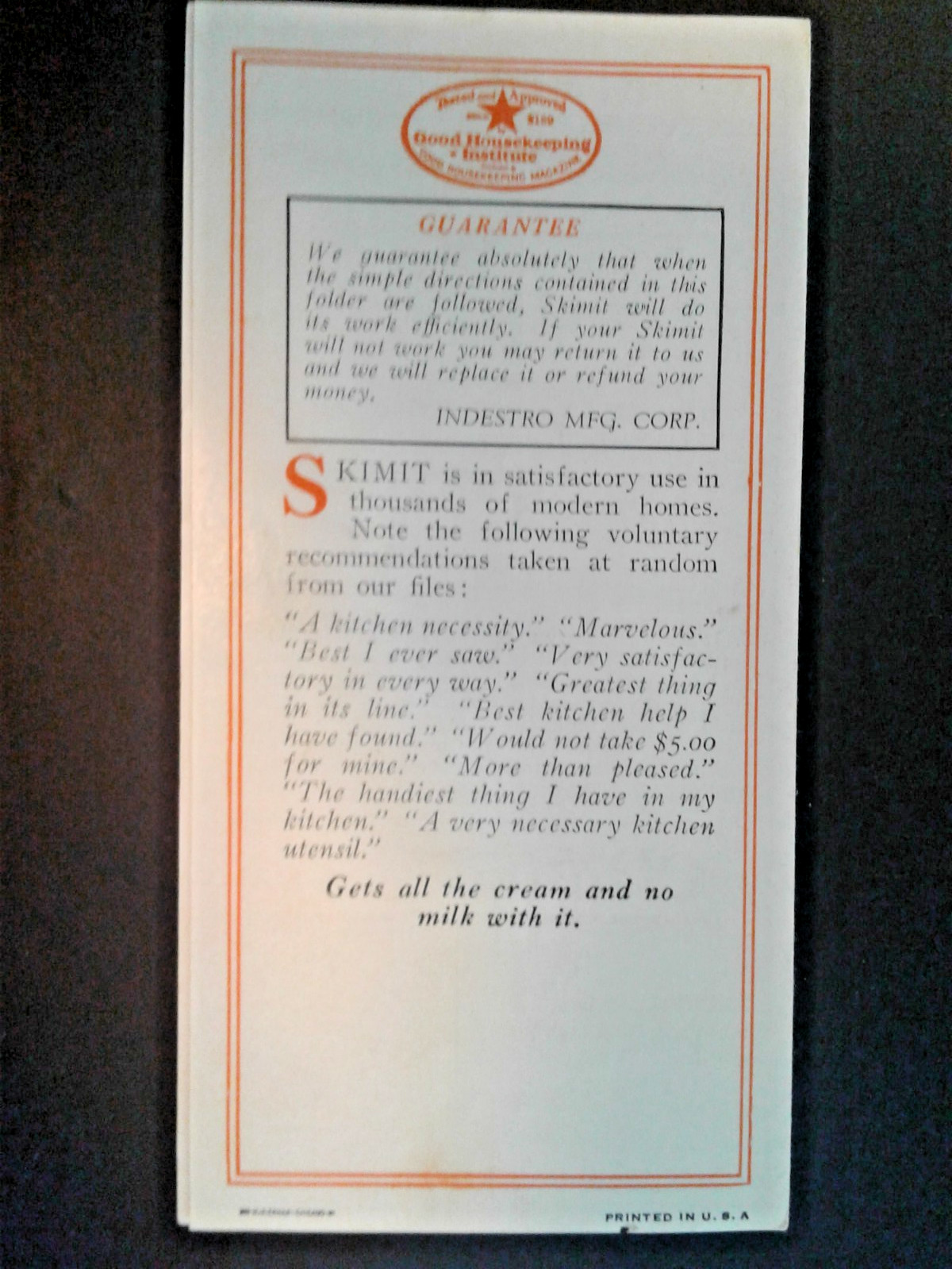 Skimmit The Magic Siphon Cream Skimmer Ad Brochure 1924