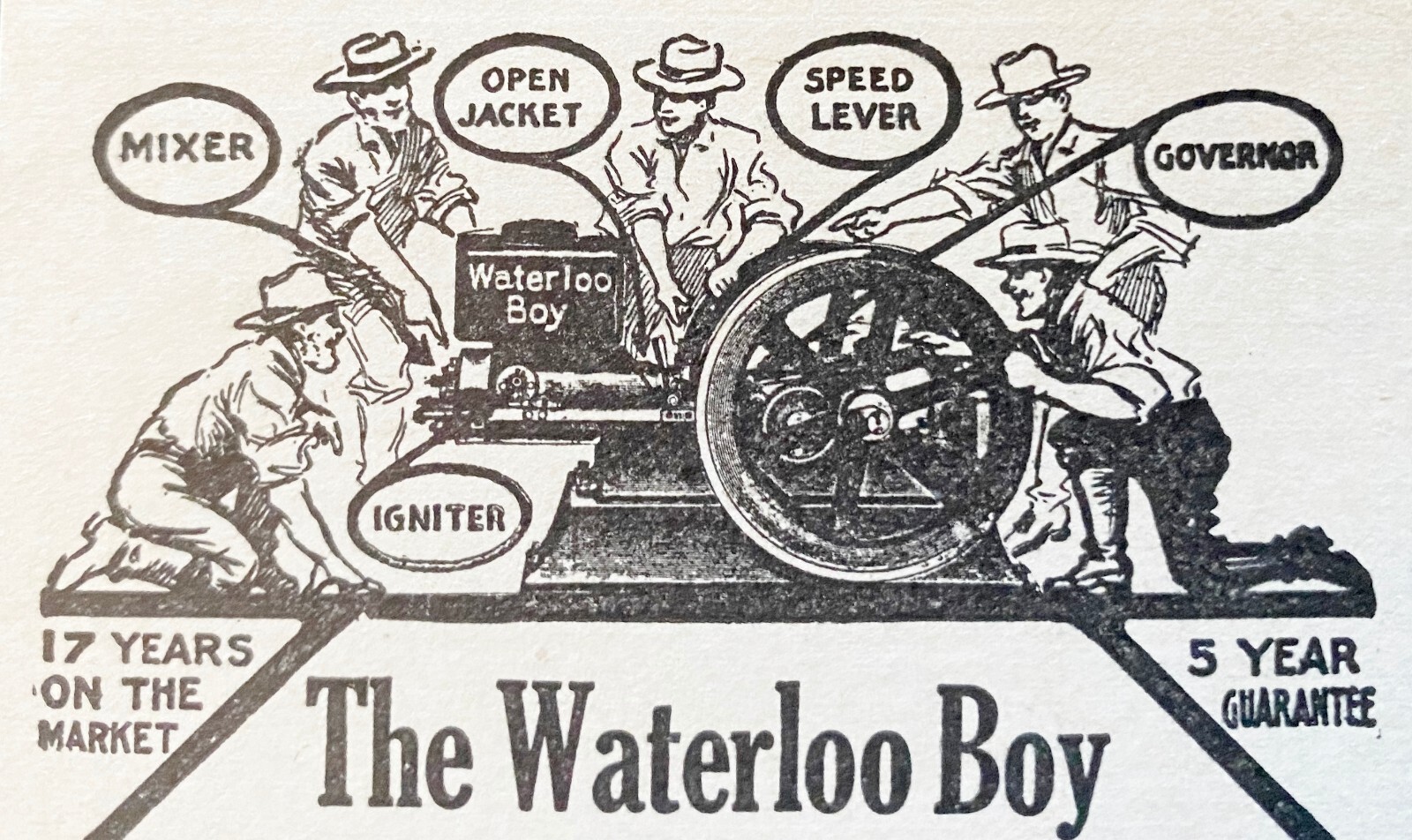 Antique 1910 WATERLOO BOY Gasoline Engine Company Vtg Print Ad~Iowa Farmers Men