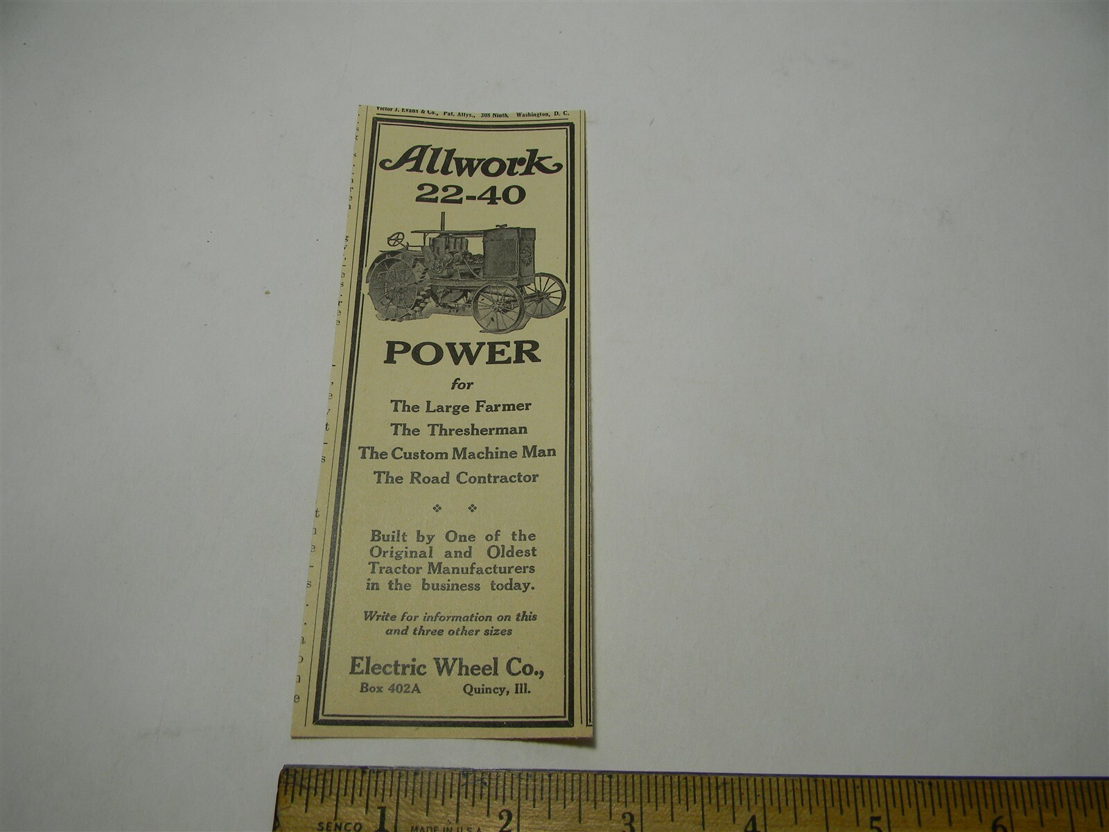 Vintage 1920s Allwork 22-40 Tractor Quincy Illinois Man Cave Farming Ad – 1C6
