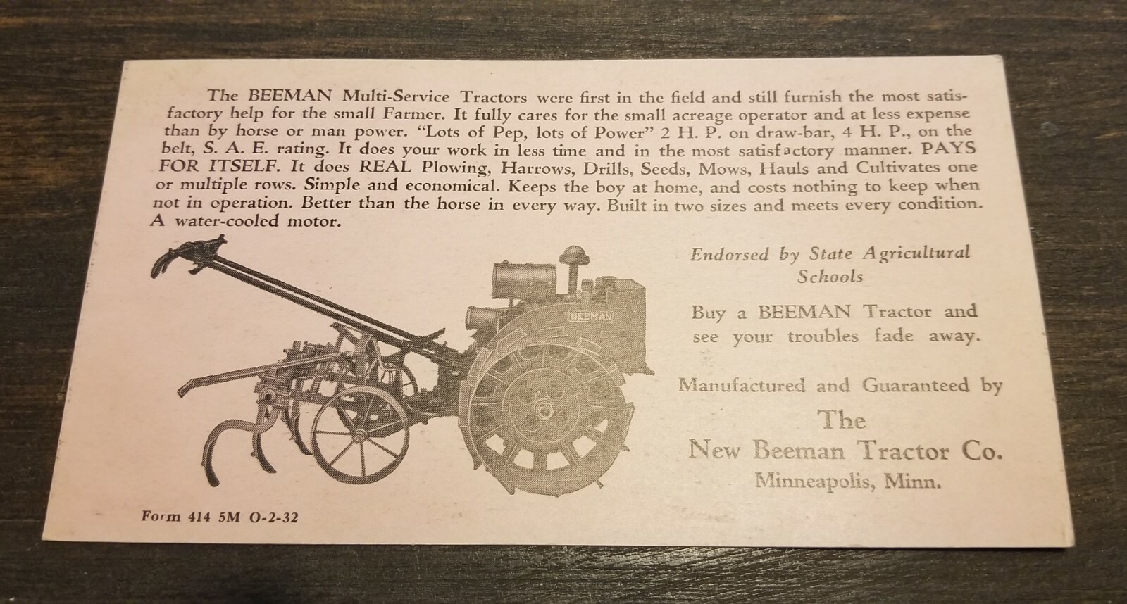 ANTIQUE 1932 BEEMAN MULTI-SERVICE TRACTOR ADVERTISING CARD BROCHURE MINNEAPOLIS