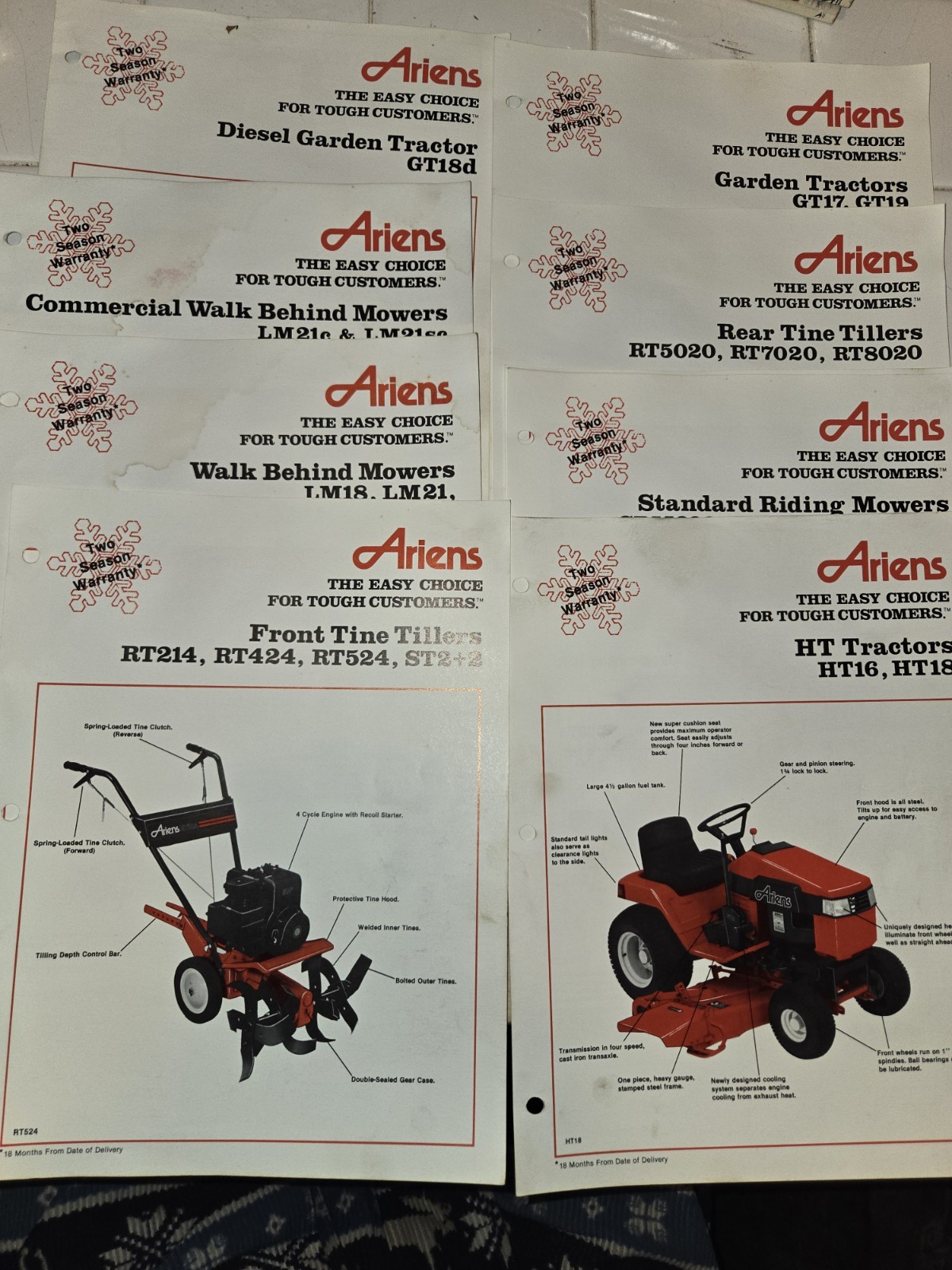 8 VINTAGE ARIENS DEALERSHIP ADVERTISING BROCHURES TILLERS TRACTORS RIDERS PUSH
