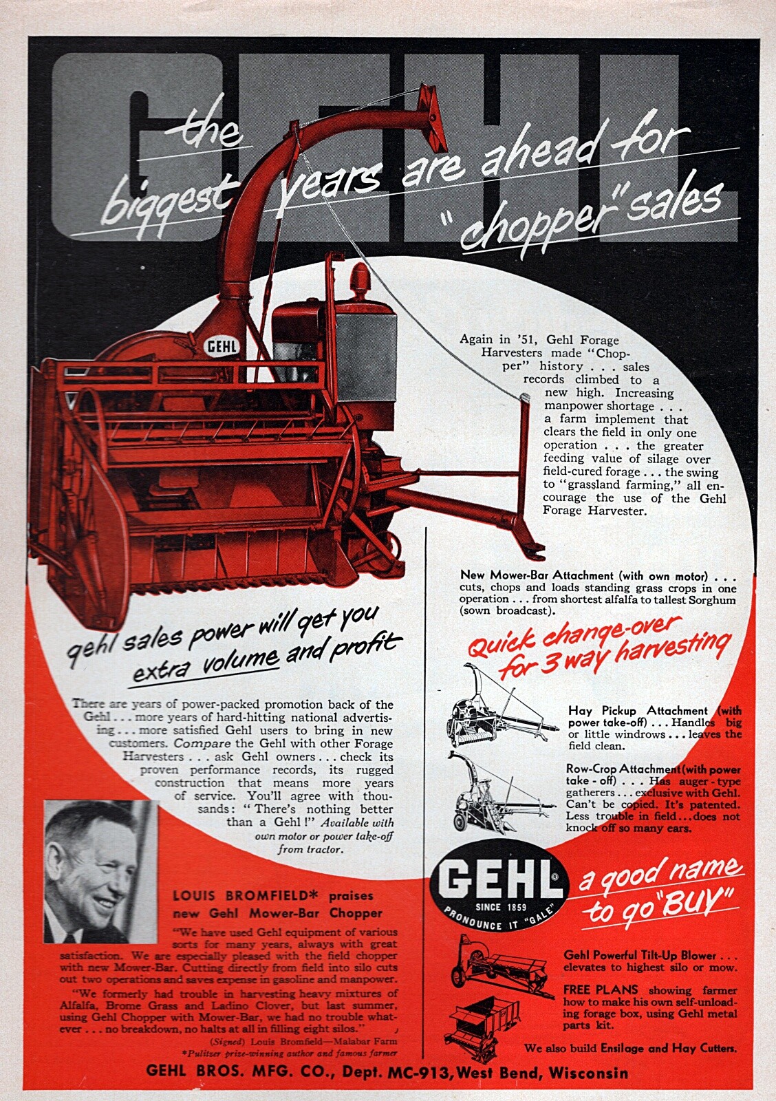 1952 Gehl Forage Harvester Farm Tractor Implement Original Print Ad