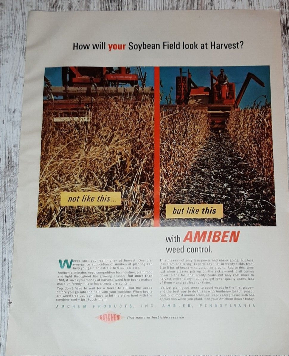 1966 Amchem Vintage Print Ad Weed Control Crop Harvest Combine Soybean Ambler PA