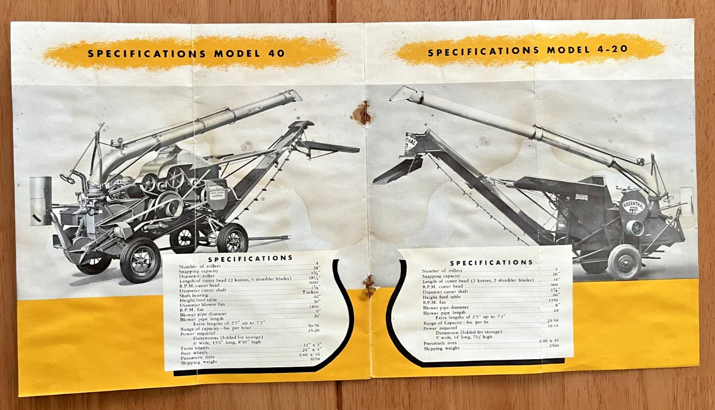 1950 Rosenthal Corn Husker model 40 & 4-20 sales brochure w/letter Milwaukee WI