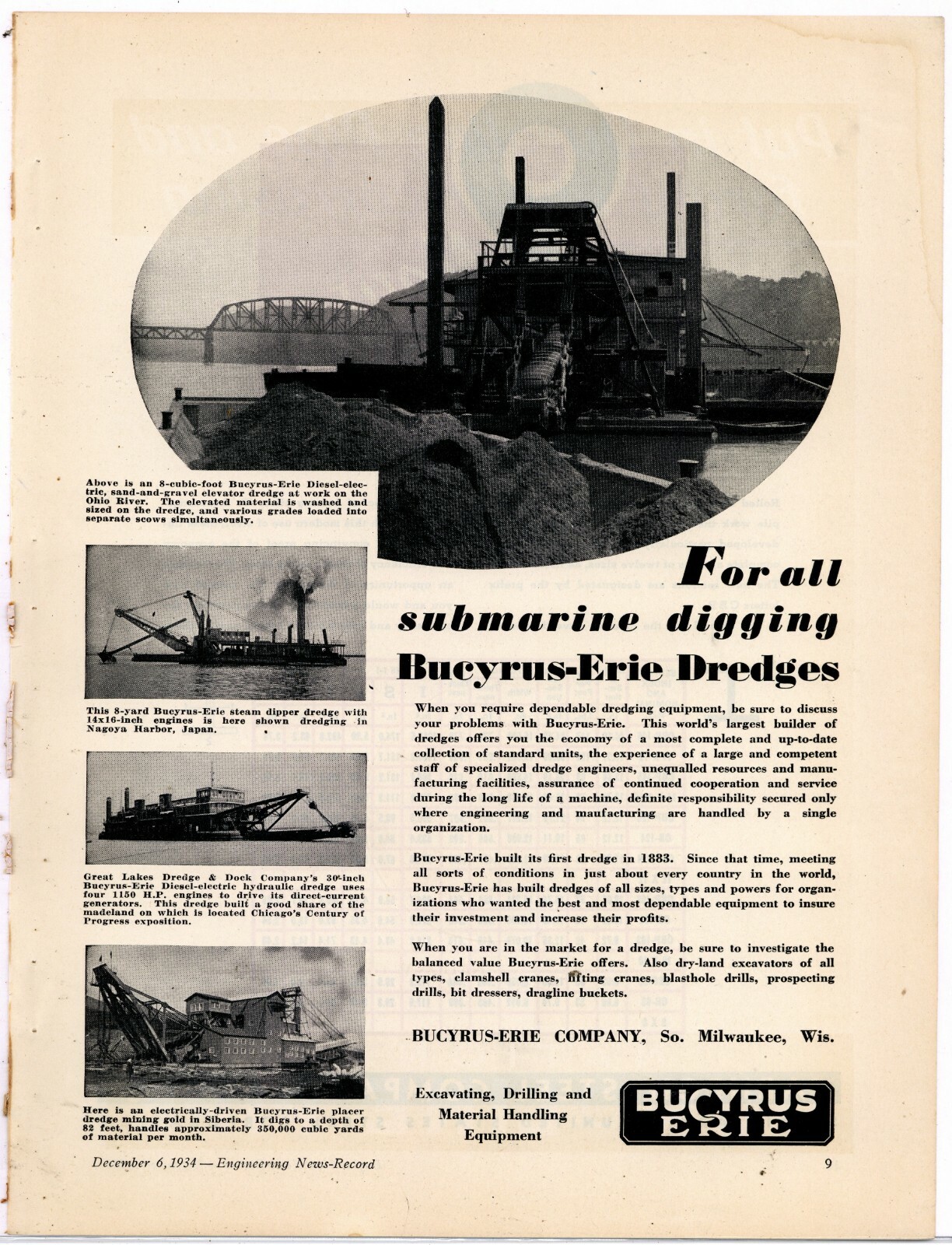 1934 Bucyrus Erie Equipment Ad: BE Dredge Equipment, Ohio River Job ++++