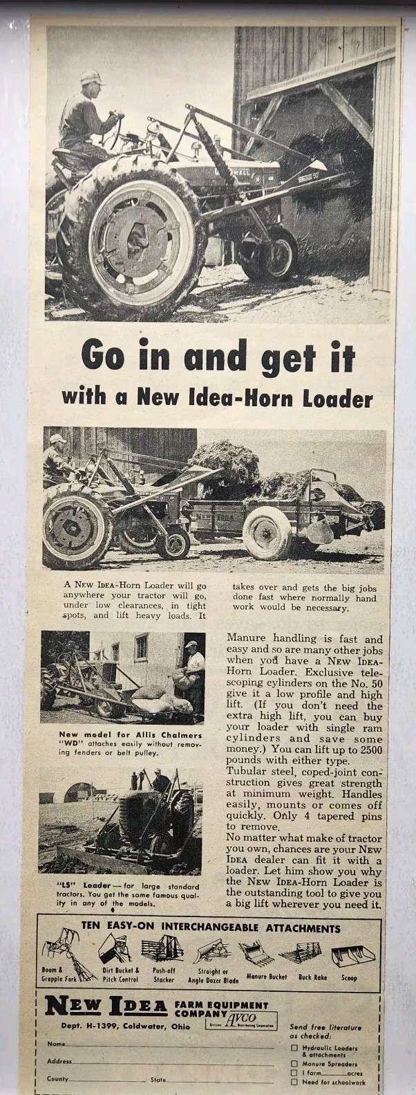 1954 New Idea Horn Loader Tractor Farm Farmer Original Print Ad Coldwater OH MCM