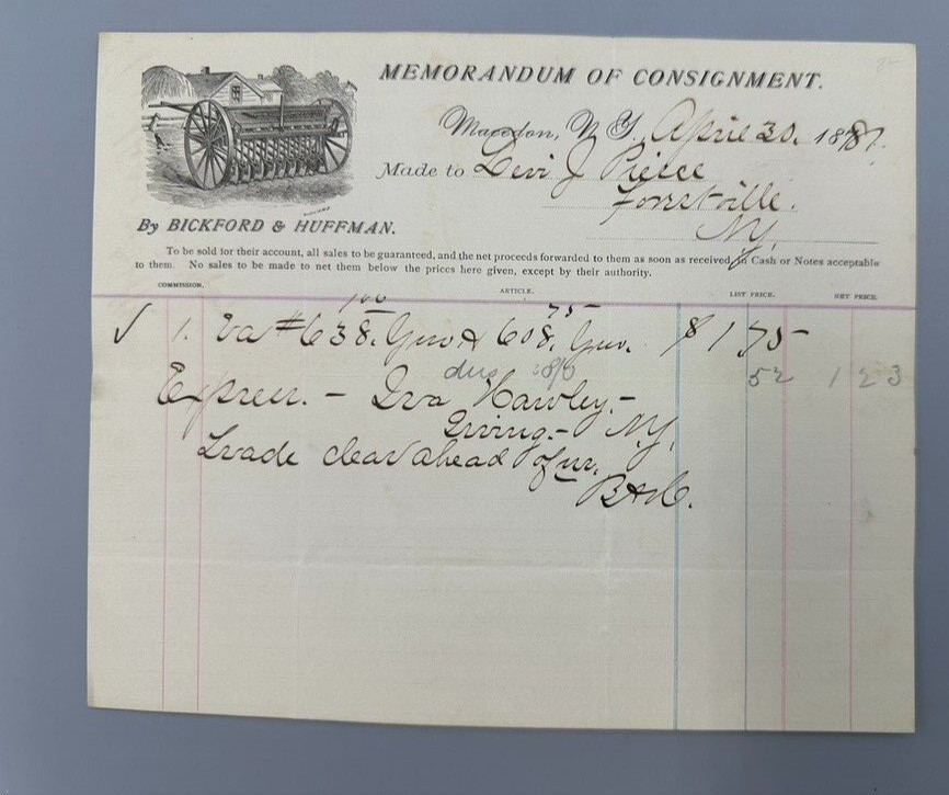 1878 BICKFORD & HUFFMAN DRILL Advertising FARM Machinery Receipt MACEDON NY