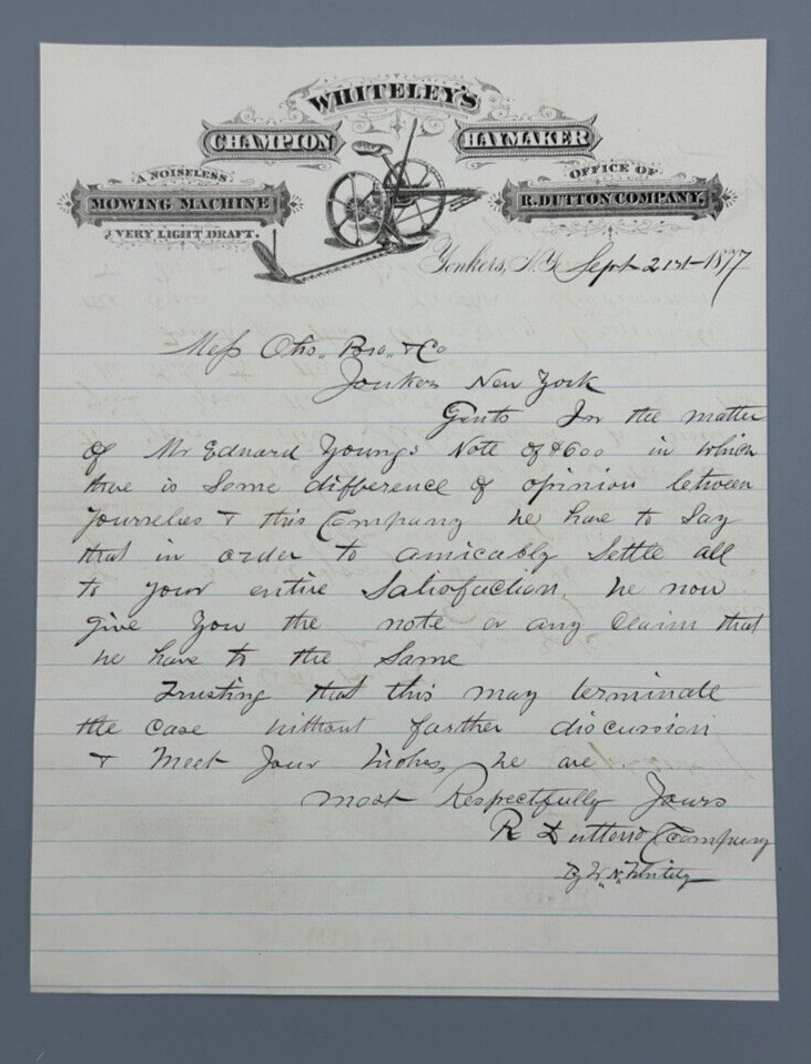 1877 WHITELEY&rsquo;s CHAMPION HAYMAKER Mower FARM ADVERTISING Letterhead YONKERS NY