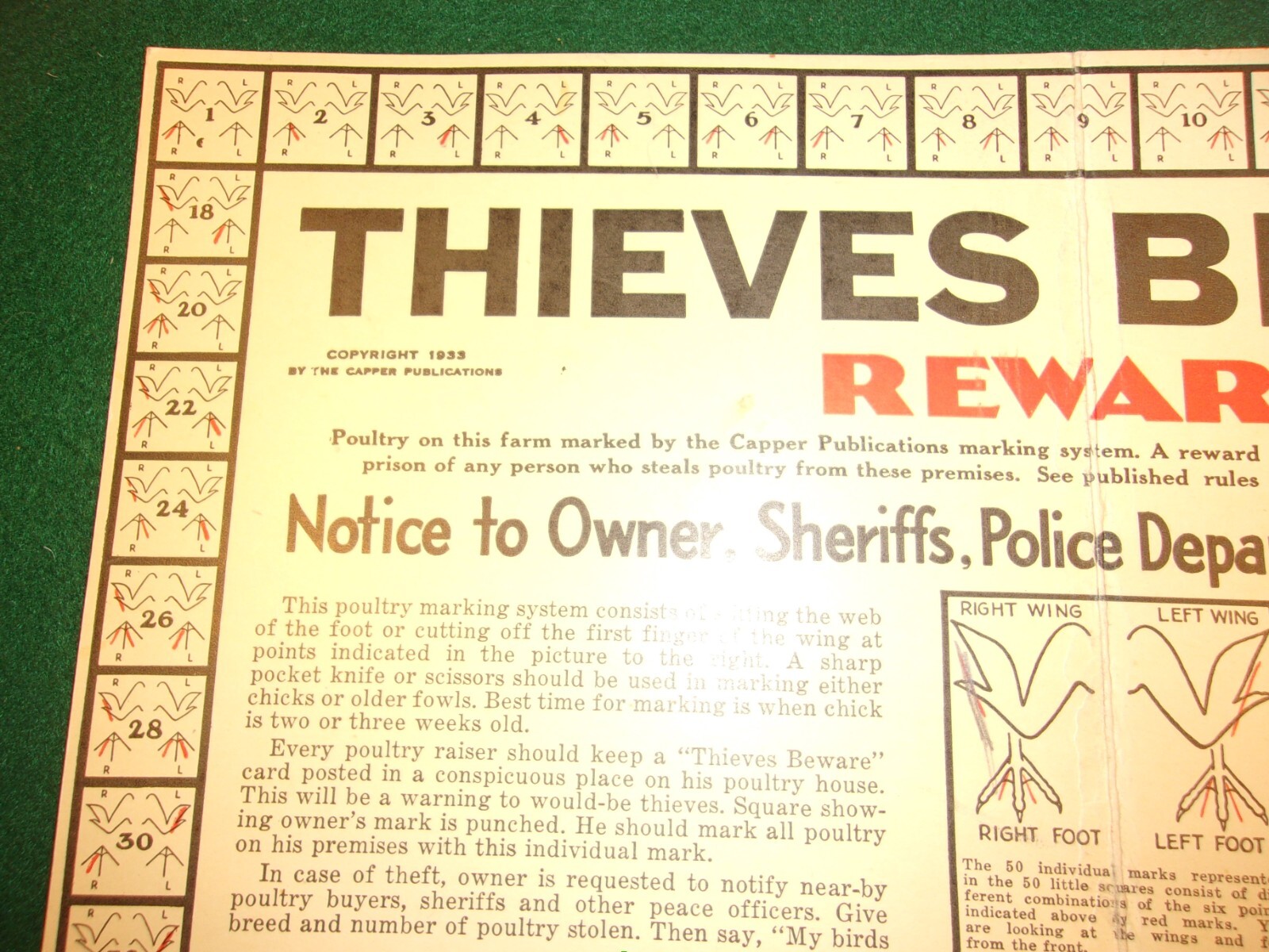 RARE OLD VTG ANTIQUE 1933 PLACARD: THIEVES BEWARE, REWARD (FOR POULTRY THEFT)