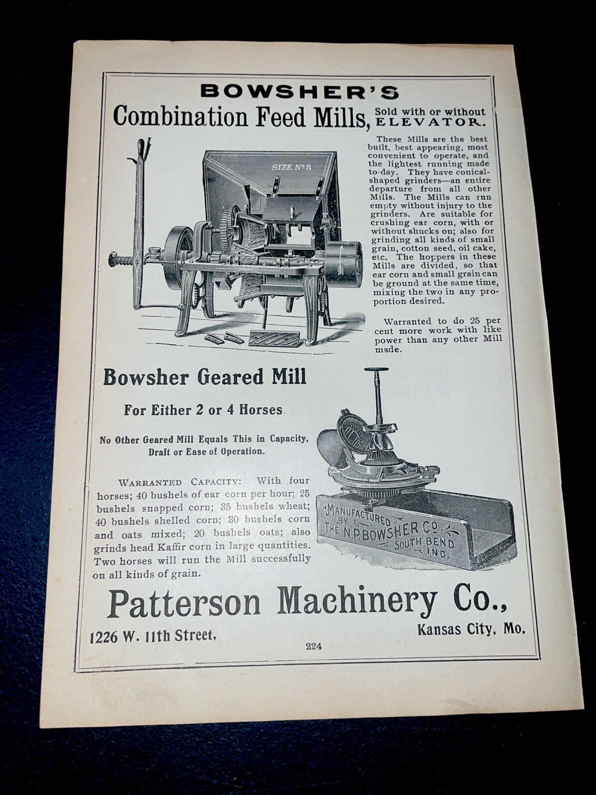 ORIGINAL 1907 Bowsher Feed Mill Farm Implement Advertising – South Bend, Indiana