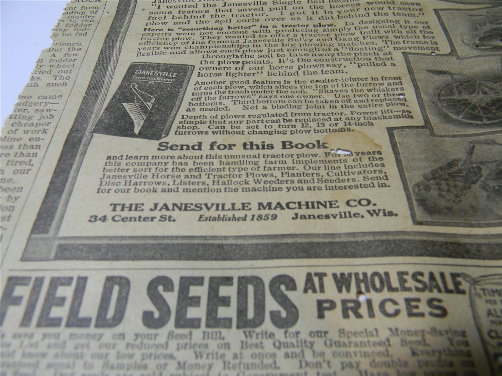 Vintage 1917 Janseville Machine Co. Tractor Plow Man Cave 1910&rsquo;s Print Ad 5A11