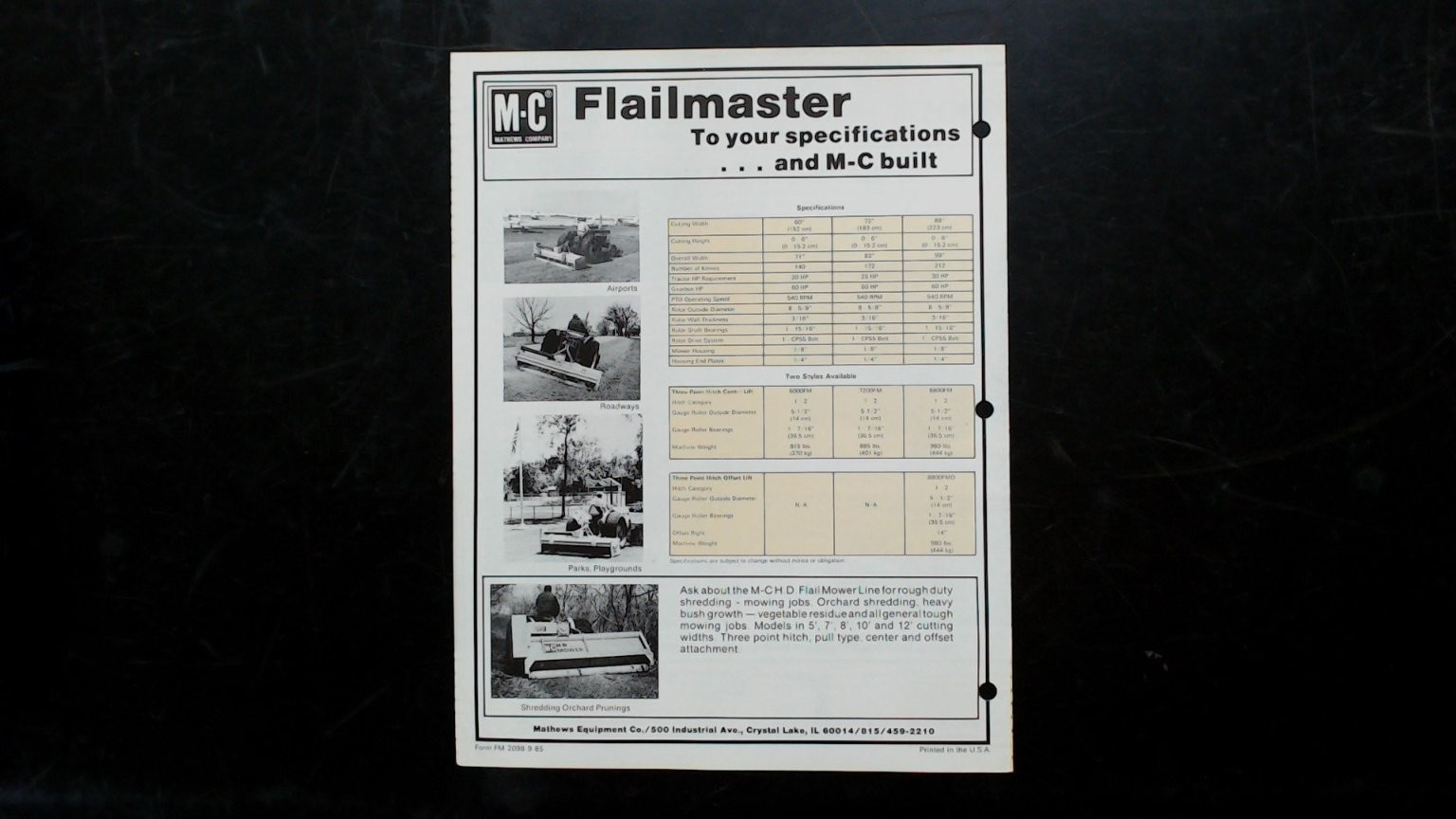 M-C Flailmaster Mower Vintage Agricultural Brochure 1985 Yellow Black