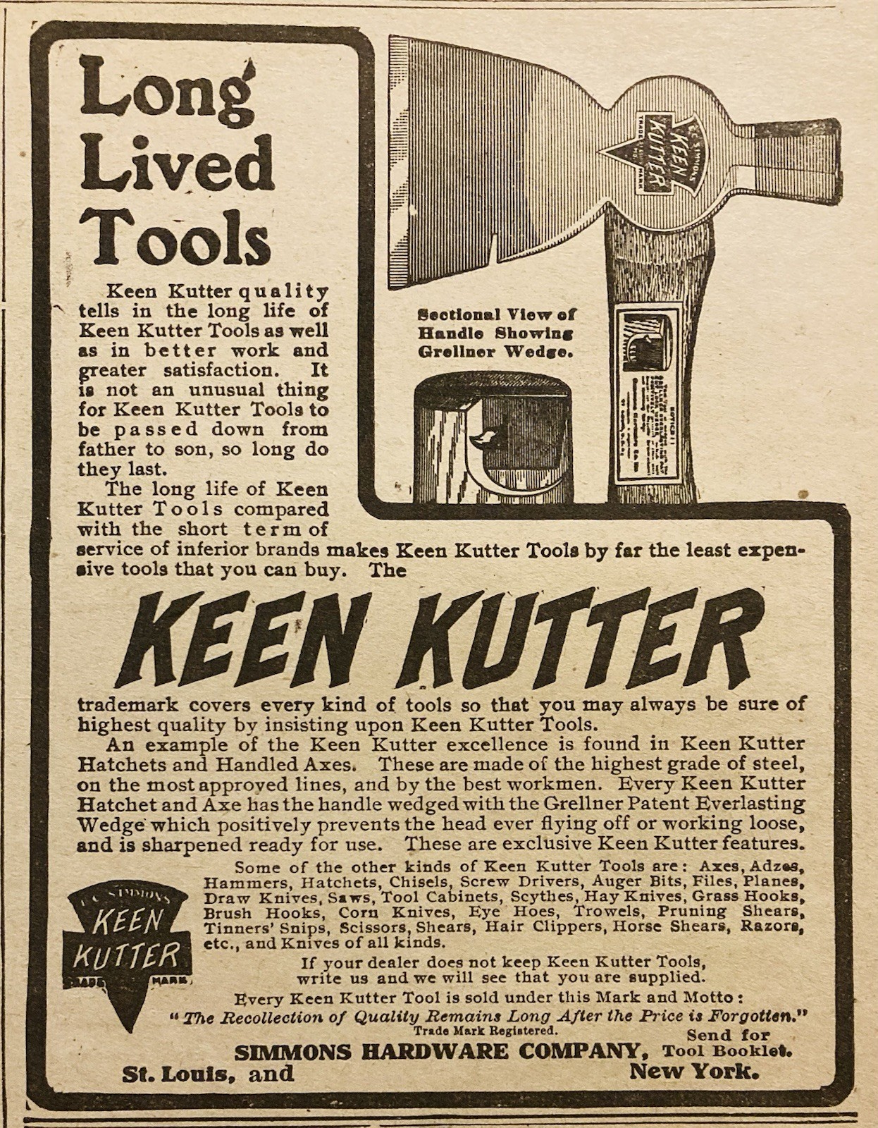 1906 AD.(XH82)~SIMMONS HARDWARE CO. ST. LOUIS, MO. KEEN KUTTER HATCHETS TOOLS