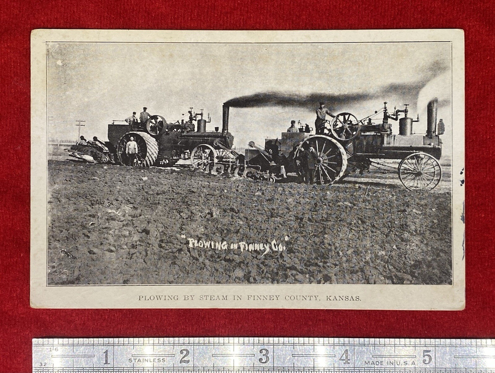 1912 « PLOWING BY STEAM IN FINNEY COUNTY-KANSAS » {STEAM TRACTOR ENGINE} POSTCARD!