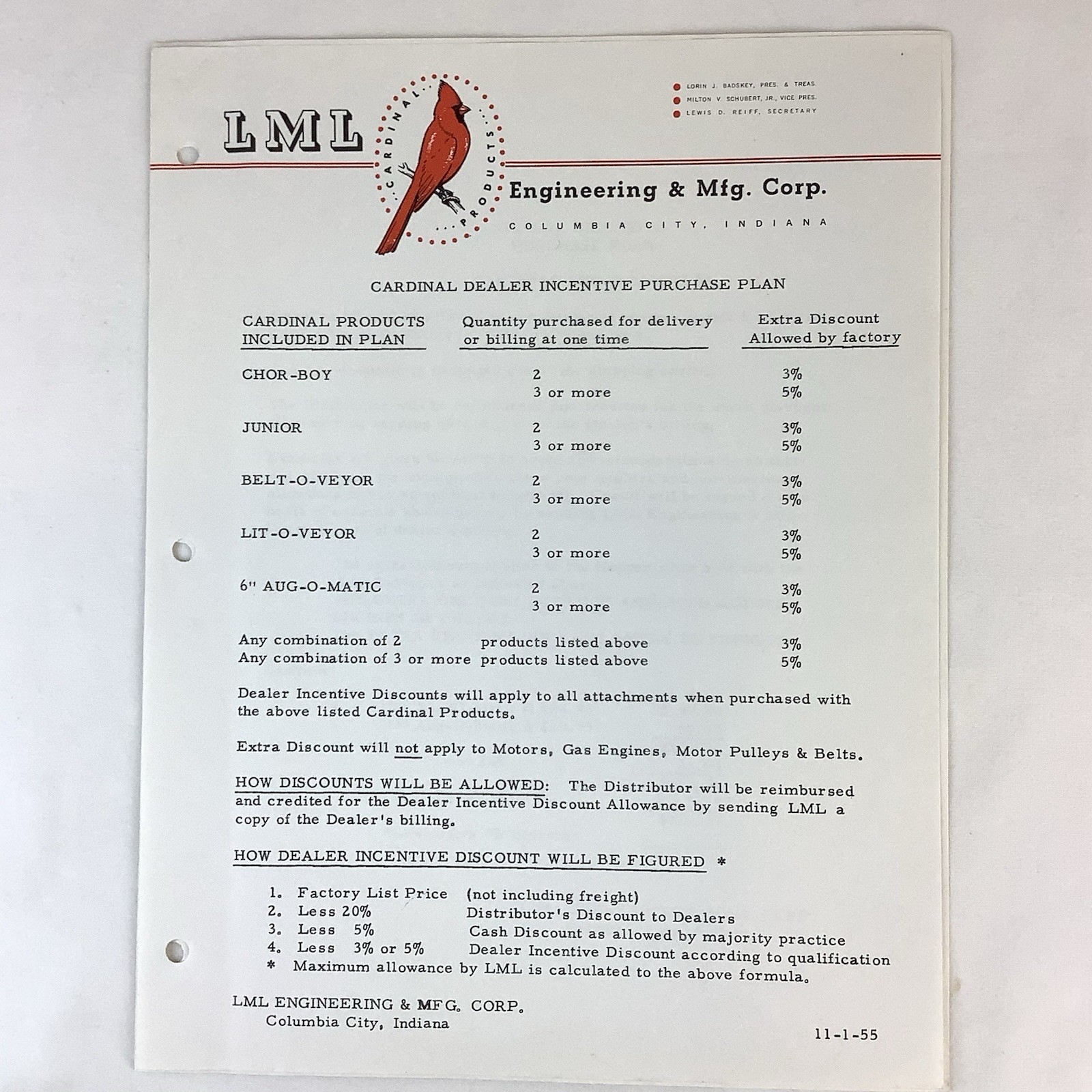 LML Engineering & Mfg. Cardinal Products Dealer Incentive Purchase Plan 1955