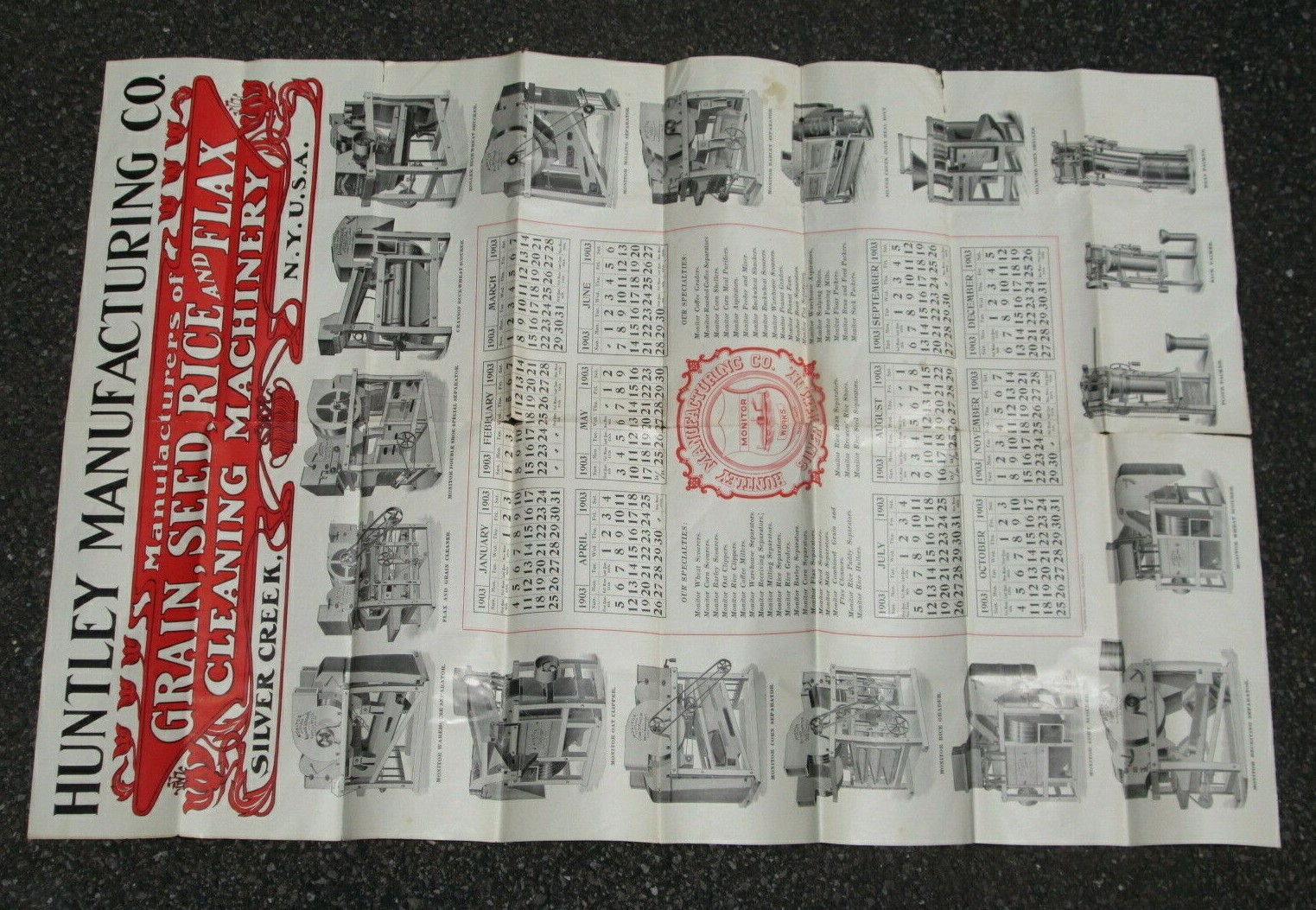 1903 Machinery Calendar Sign Poster, Silver Creek NY Huntley Grain Cleaning Mfg.