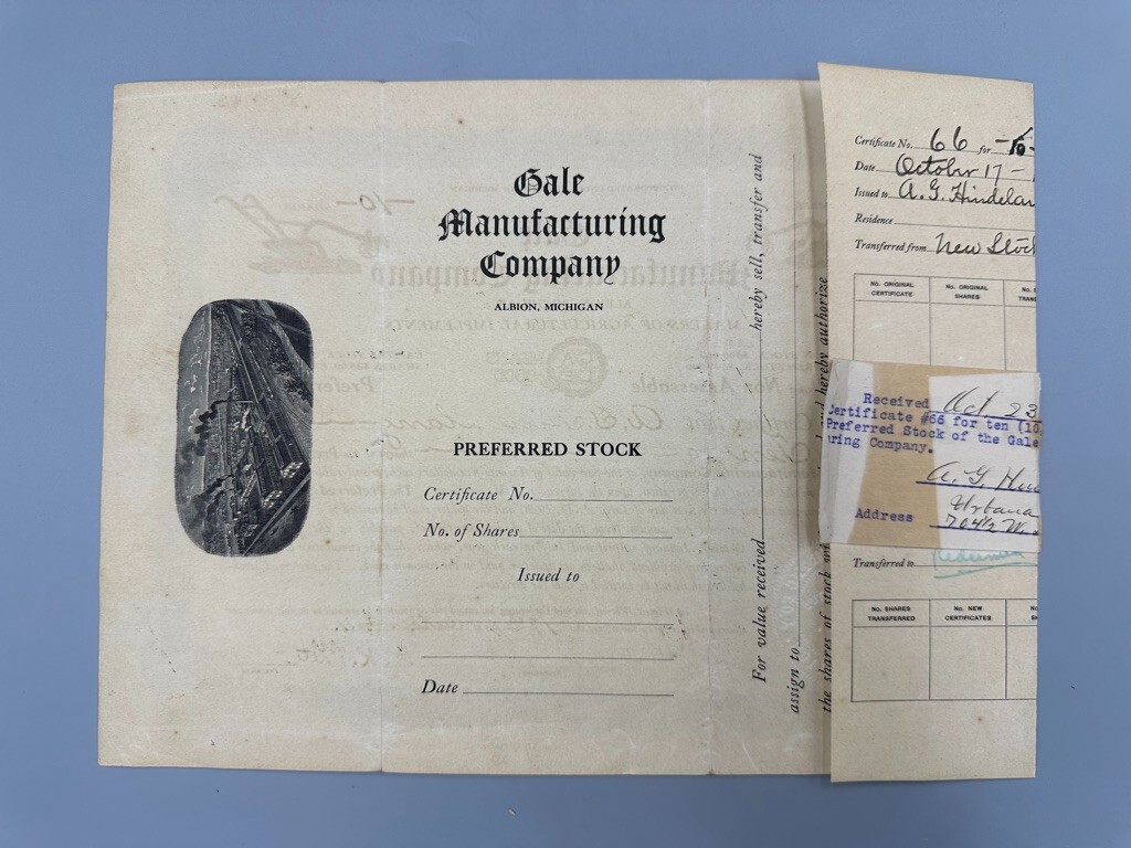 1911 GALE Mfg Co CHILLED PLOW Farm STOCK CERTIFICATE Advertising ALBION MICHIGAN