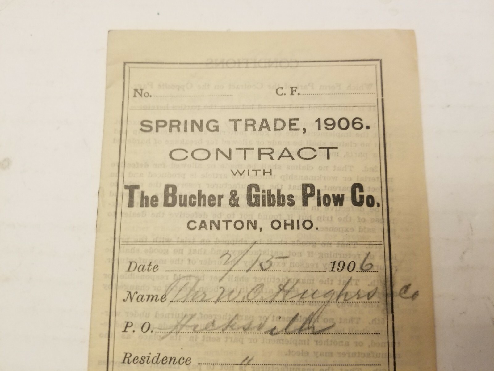 AGRICULTURE CONTRACT. 1906. THE BUCHER & GIBBS PLOW CO.