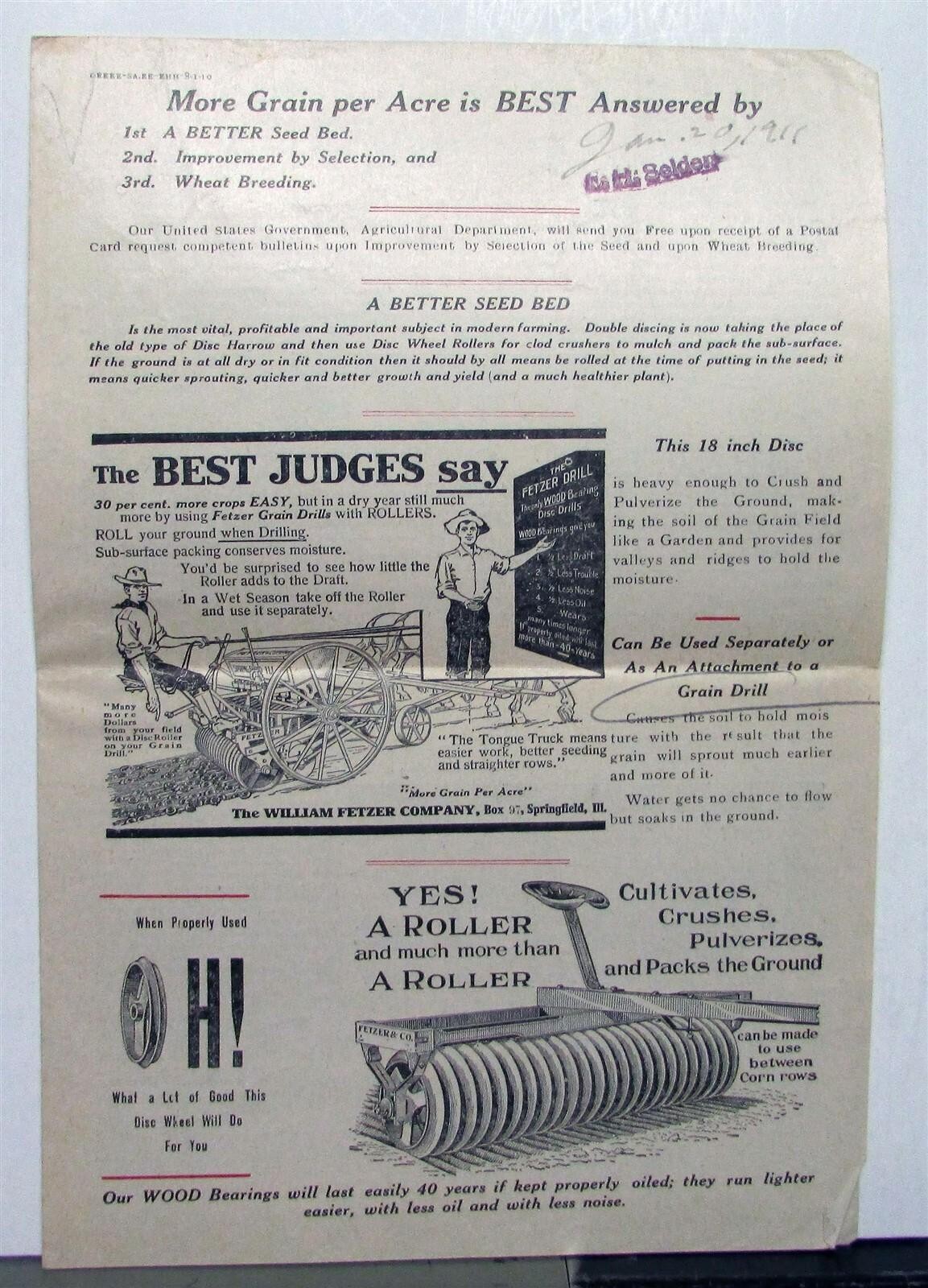 1911 Fetzer Grain Drill Specifications Construction Sale Brochure