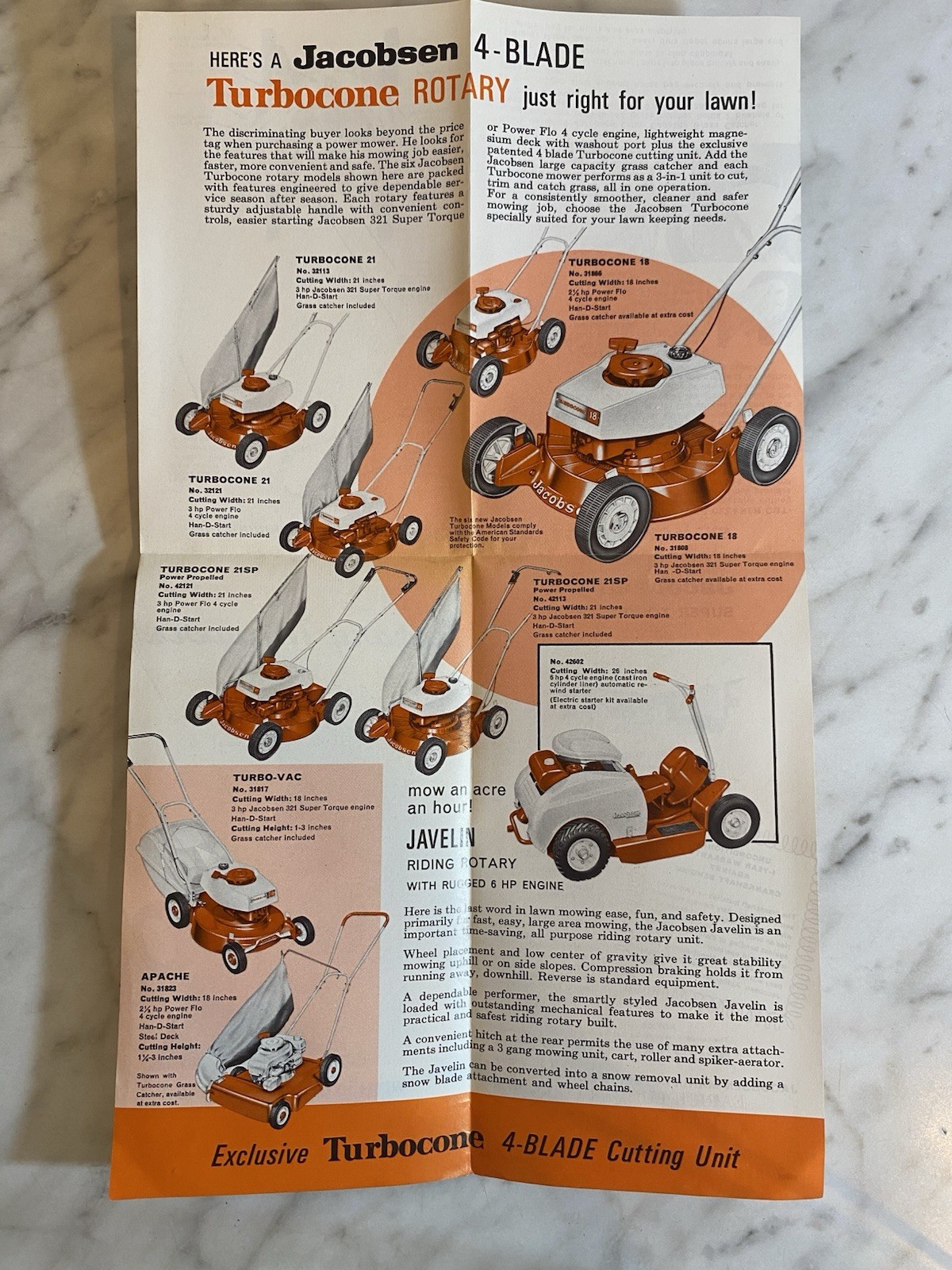 Vintage 1965 Jacobsen Rotary Mowers Turbocone 4-Blade Advertising Brochure