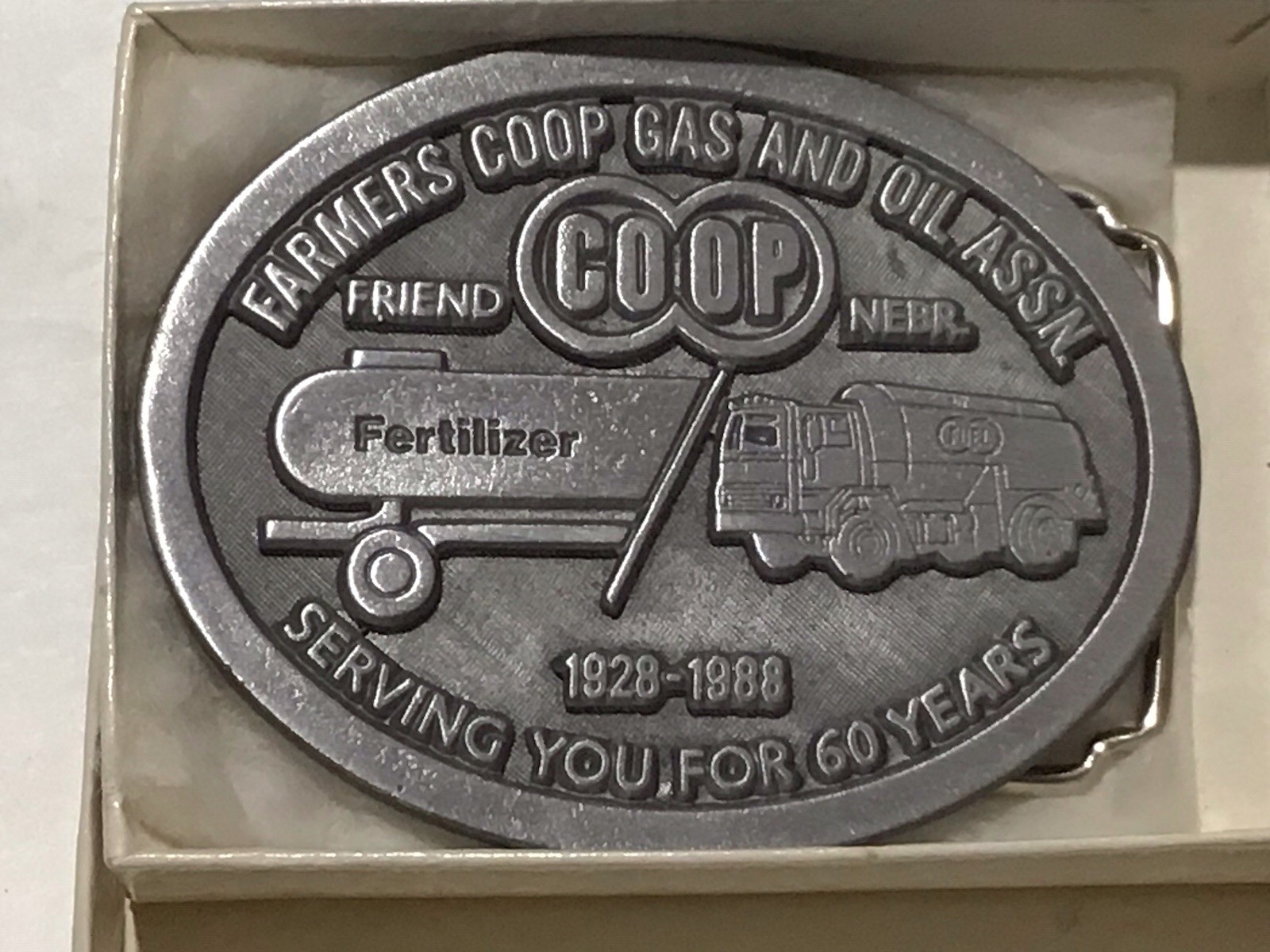 Farmers CO-OP Belt Buckle Friend Nebraska Advertising 1928–1988 60th Anniversary
