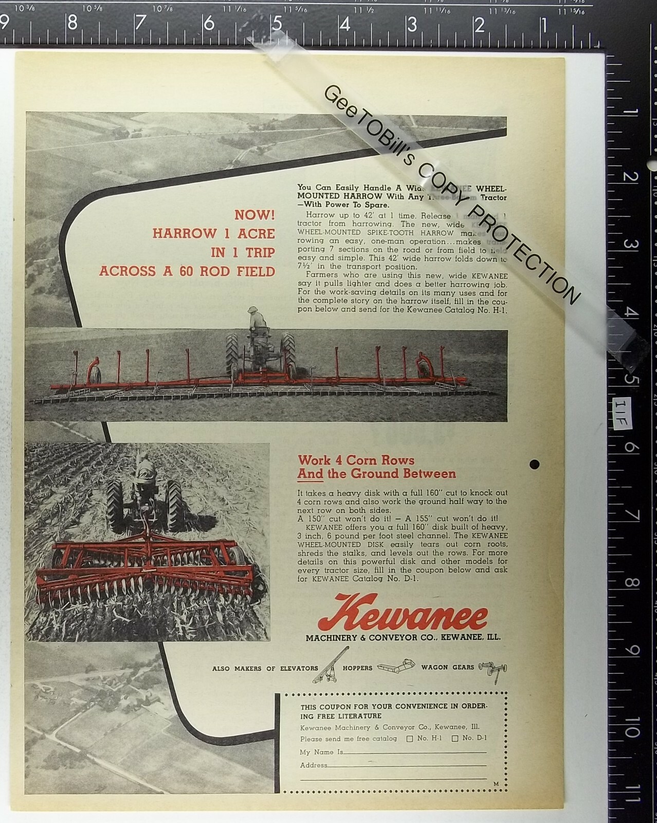 1956 Kewanee Wheel Mounted Harrow 42&prime; Disk IL Farming ad advertisement i1f
