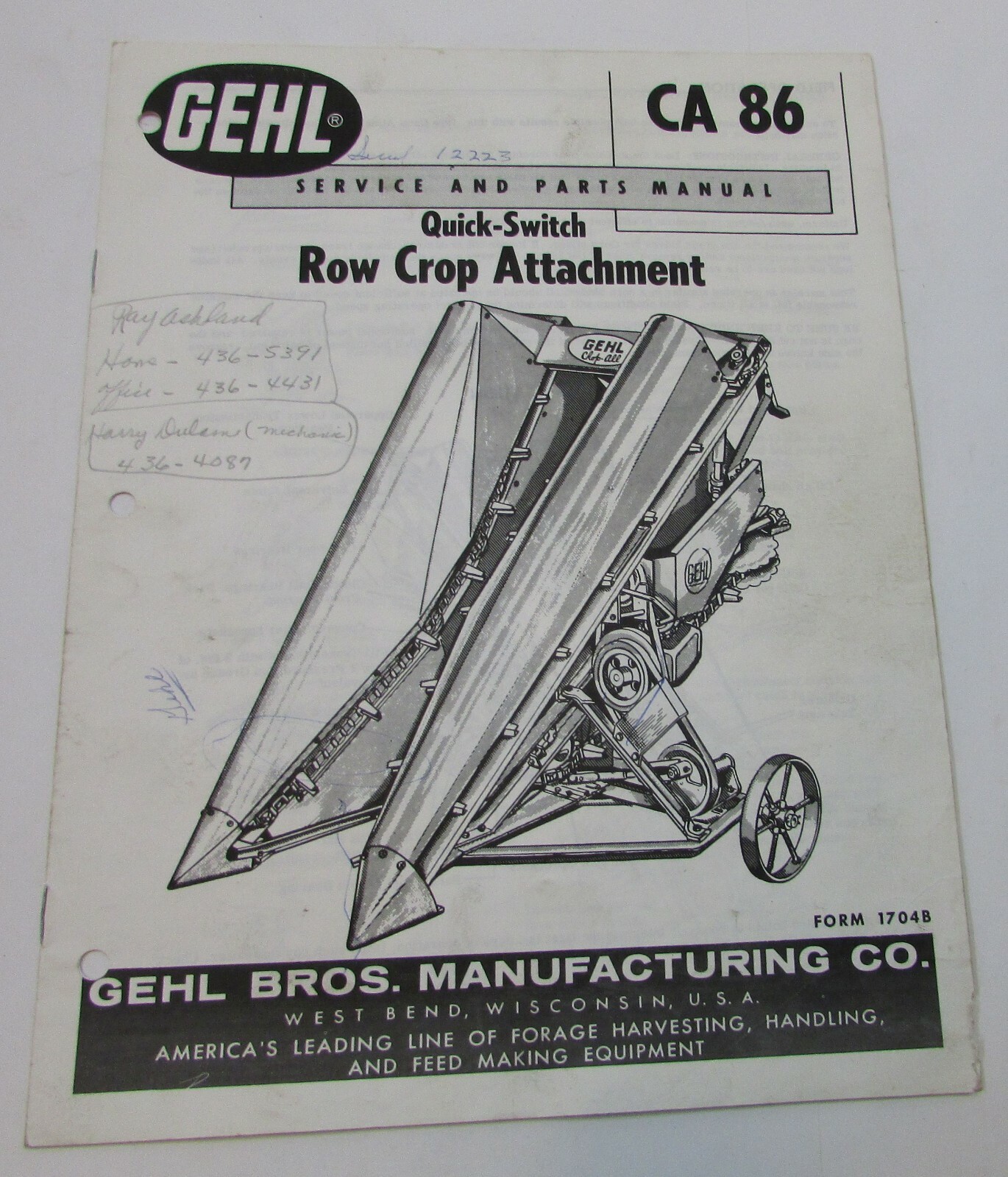 Old Gehl Bros Mfg CA 86 Forager Row Crop Attachment Service Parts Manual FREE SH