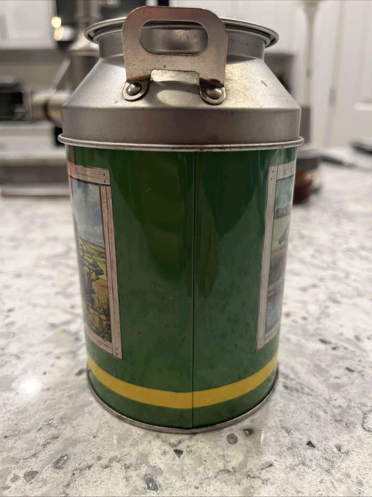 John Deere Mini Tin, Milk Can Tin, Collector Farm Tractor Fishing Scene Decor