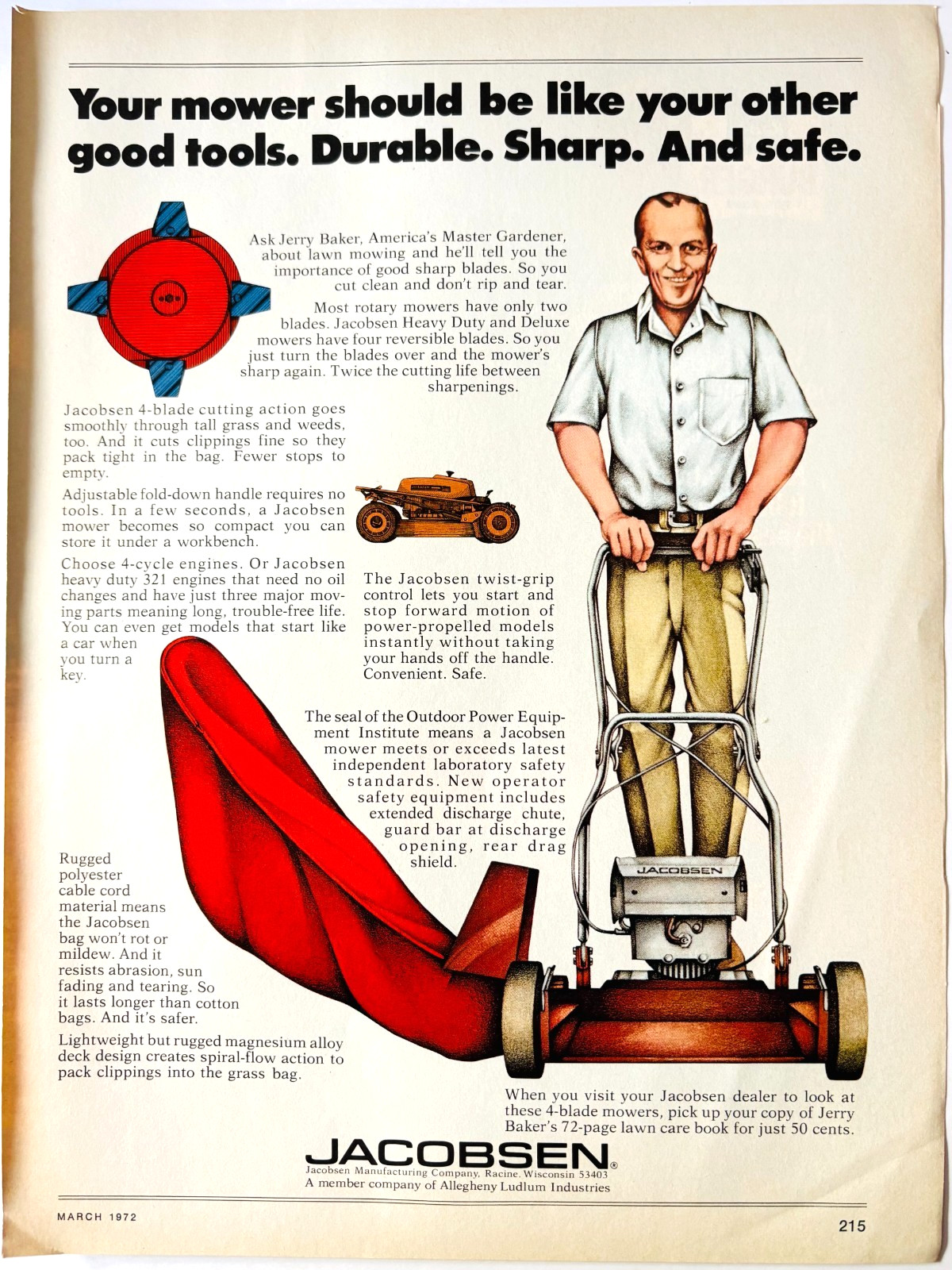 1972 Jacobsen Lawn Mower Advertisement Vintage Jerry Baker Agriculture DWW10G