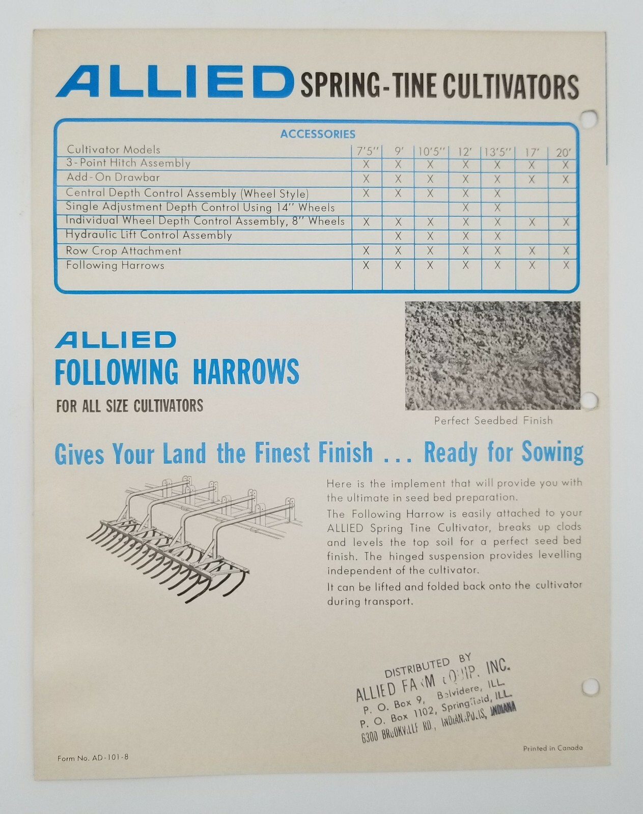 Vintage Allied Spring Tine Cultivators Sales & Dealer Advertising Brochure