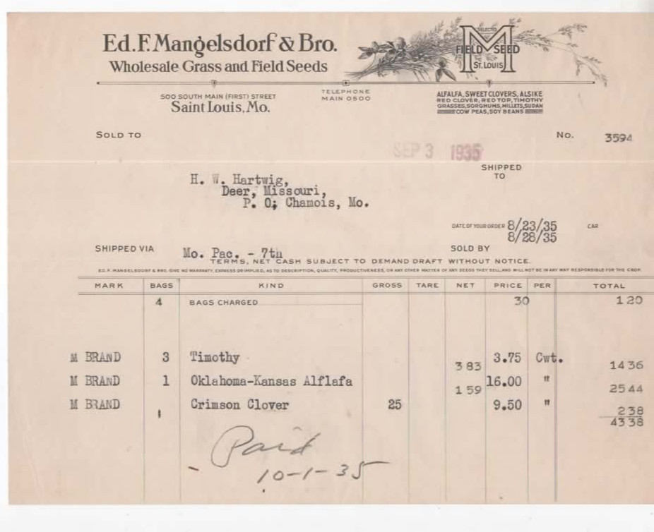 1935 Missouri Seed Invoice – Mangelsdorf & Bro., Farm & Field Seeds