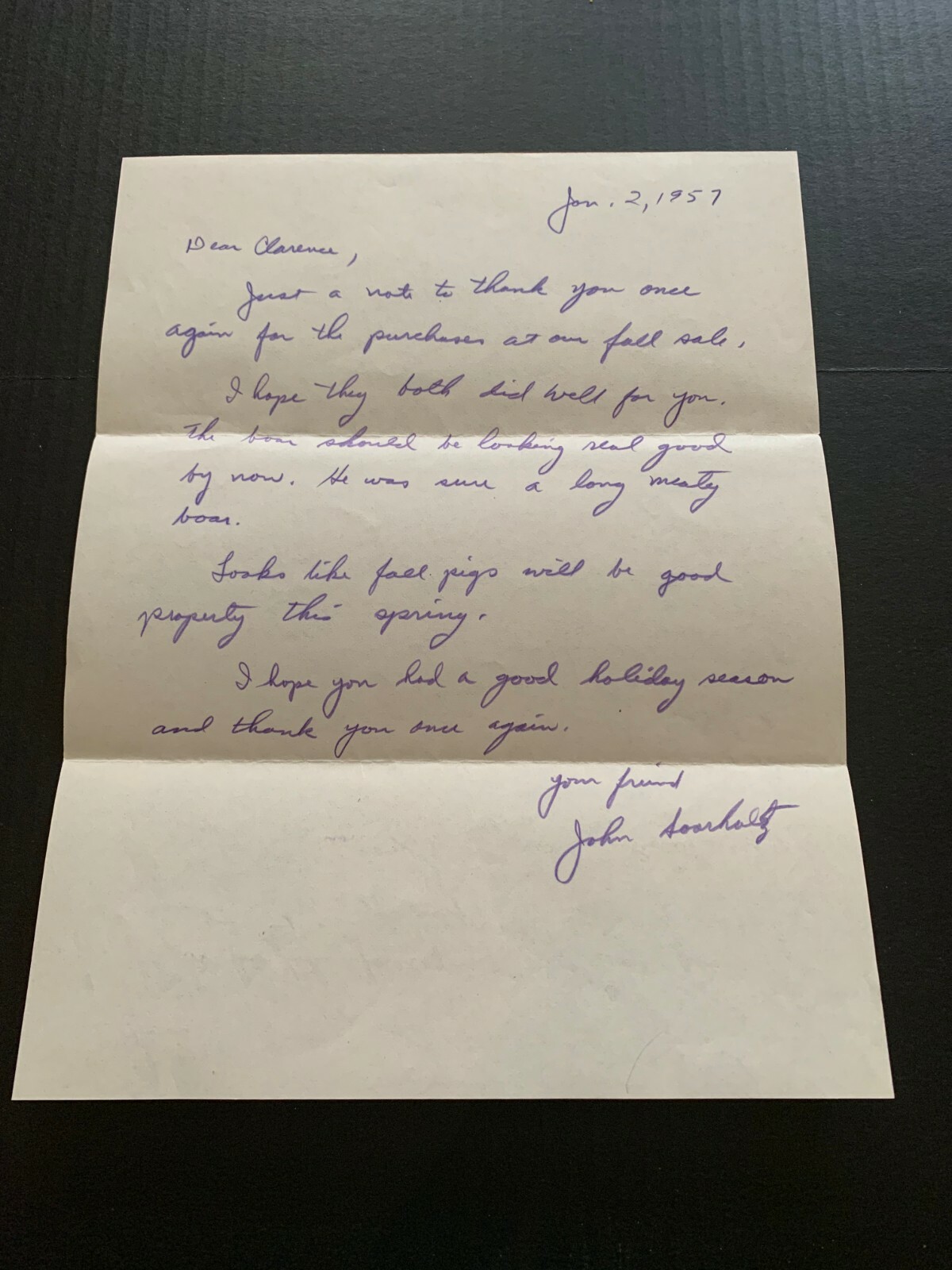 Vintage January 2 1957 Agriculture Pig Hand Written Letter