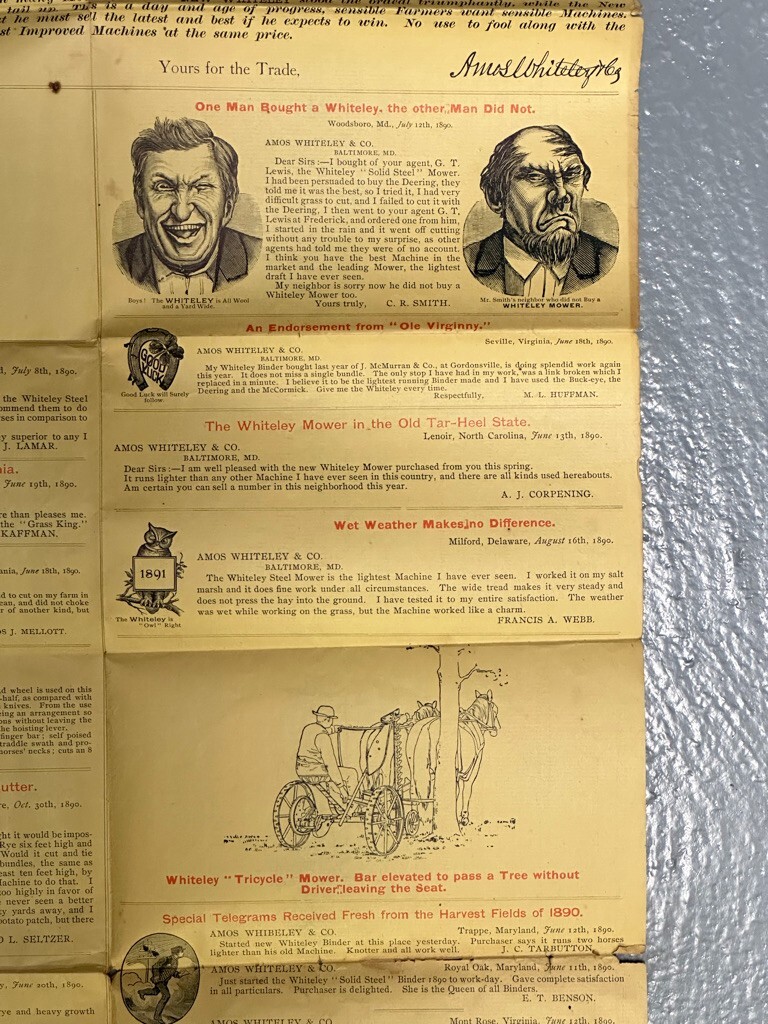 1891 Amos WHITELEY Farm HARVESTING MACHINES Mower Binder Advertising Circular