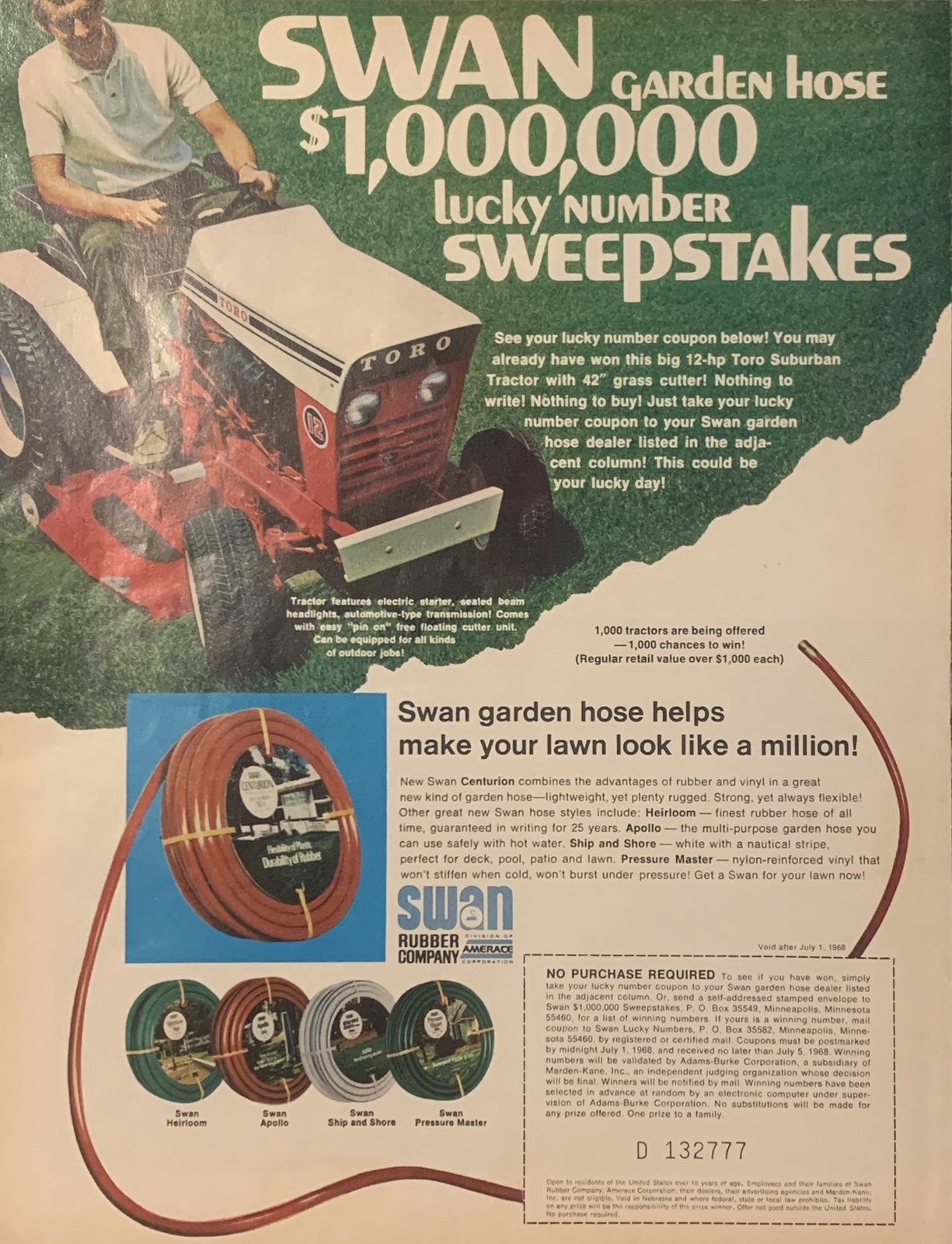 1968 Swan Centurion Garden Hose PRINT AD Win Toro Suburban Mower Tractor VTG 60s