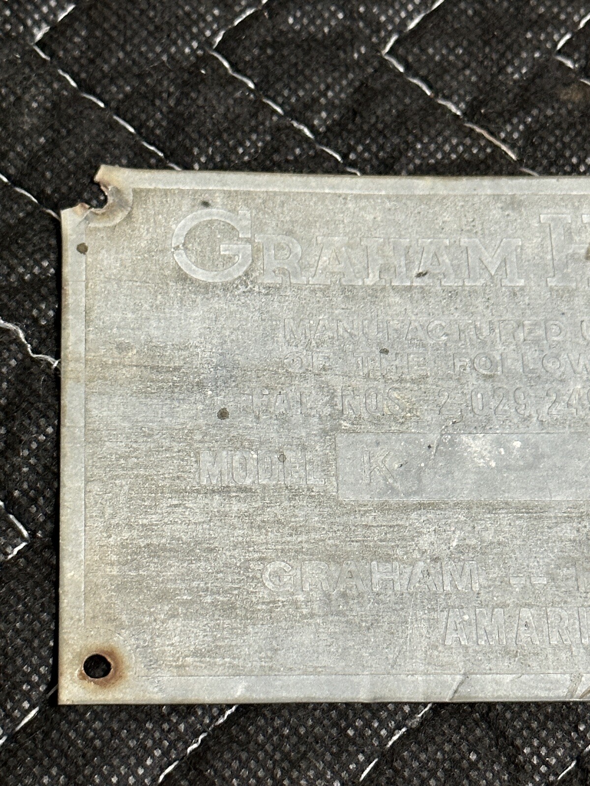 Vintage Graham Hoeme Plow Model K ID Plate Amarillo Texas – Used